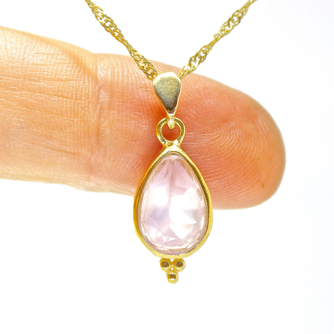 תליון שרשרת דמעה משובצת קוורץ ורד מזהב 14 קראט - תכשיטי אבני חן