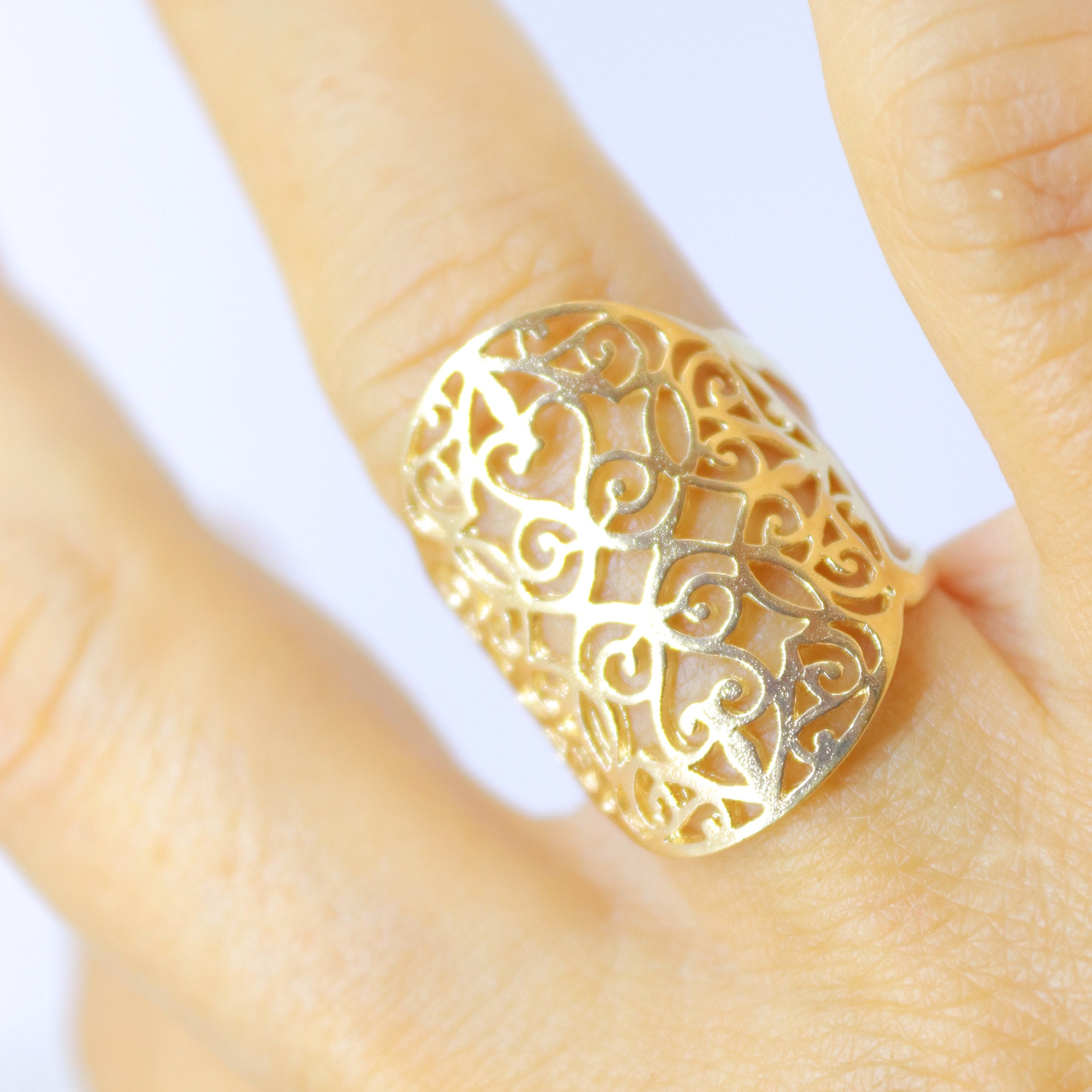 טבעת תחרה פיליגרן ארוכה מזהב 14 קראט