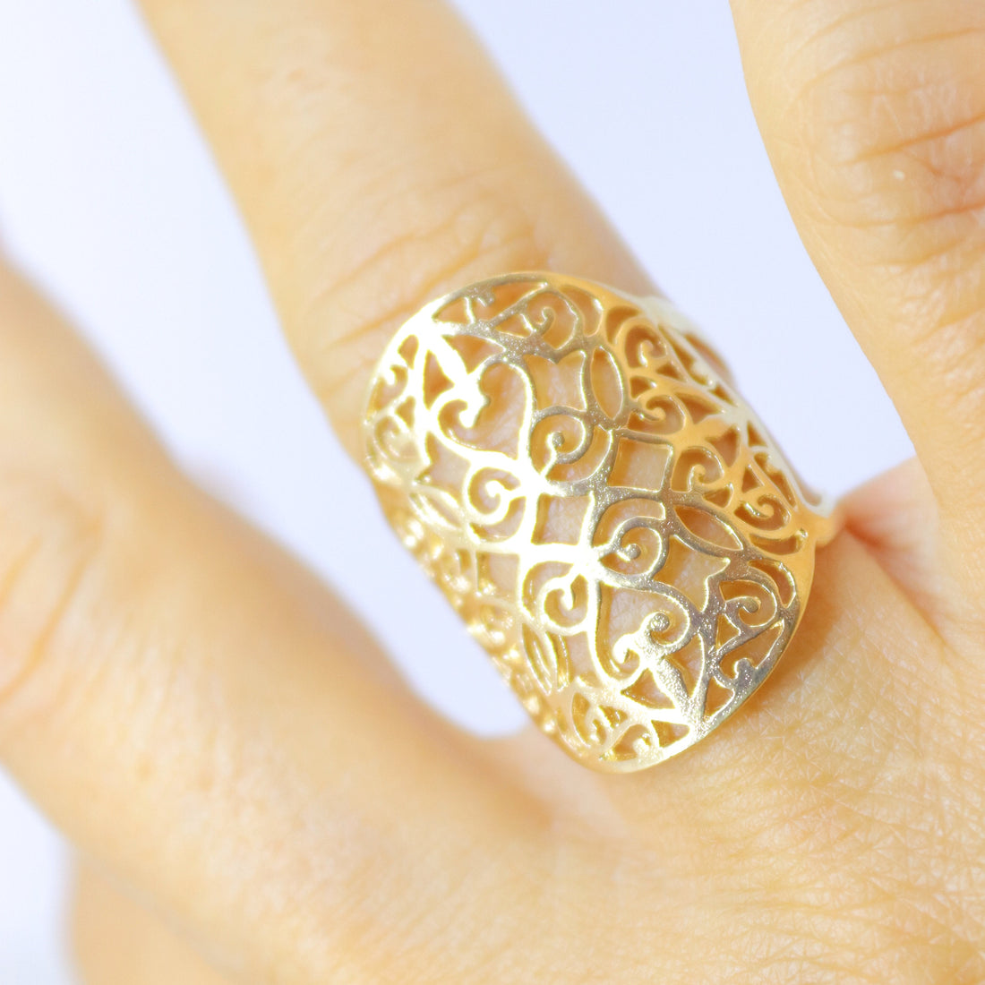 טבעת תחרה פיליגרן ארוכה מזהב 14 קראט