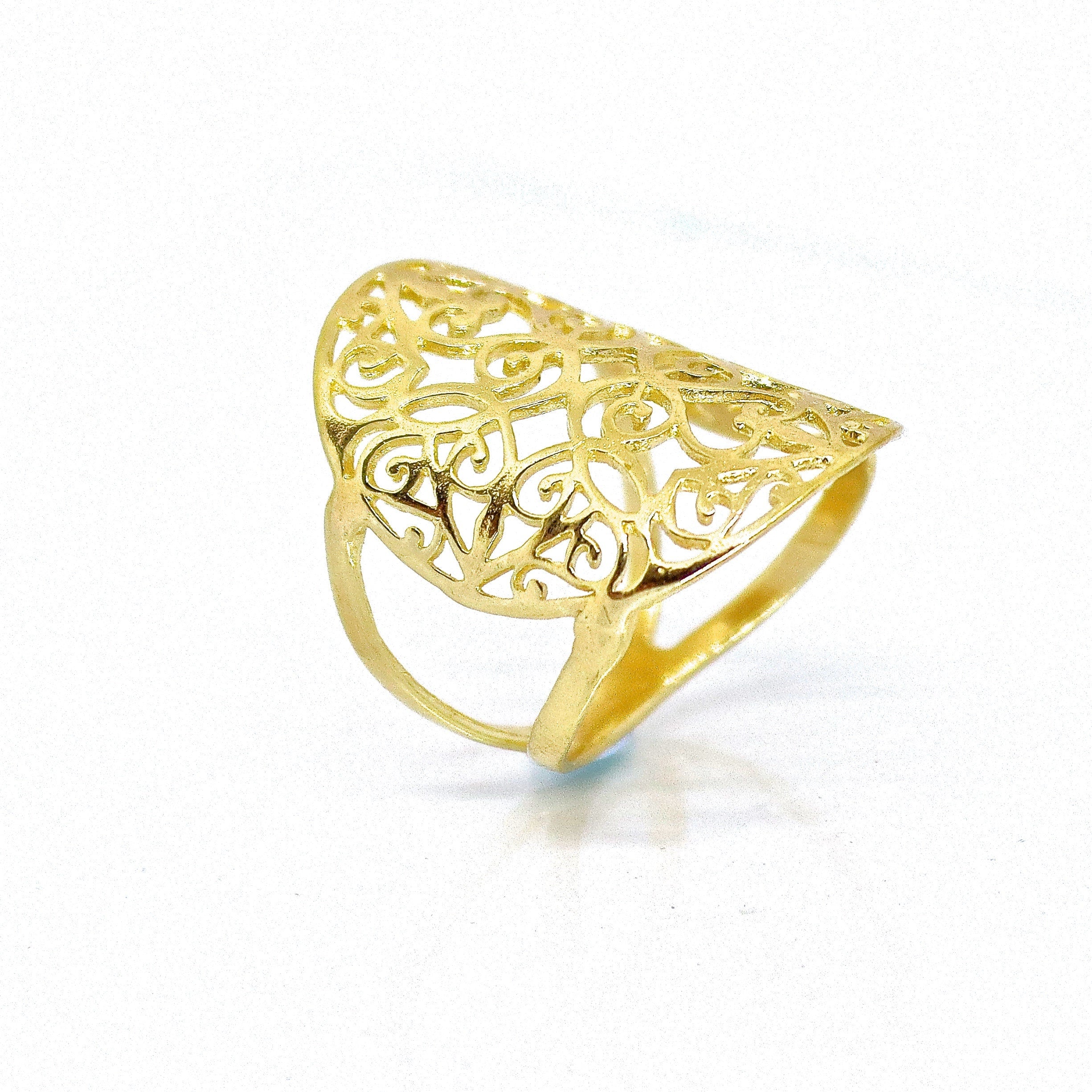 טבעת תחרה פיליגרן ארוכה מזהב 14 קראט