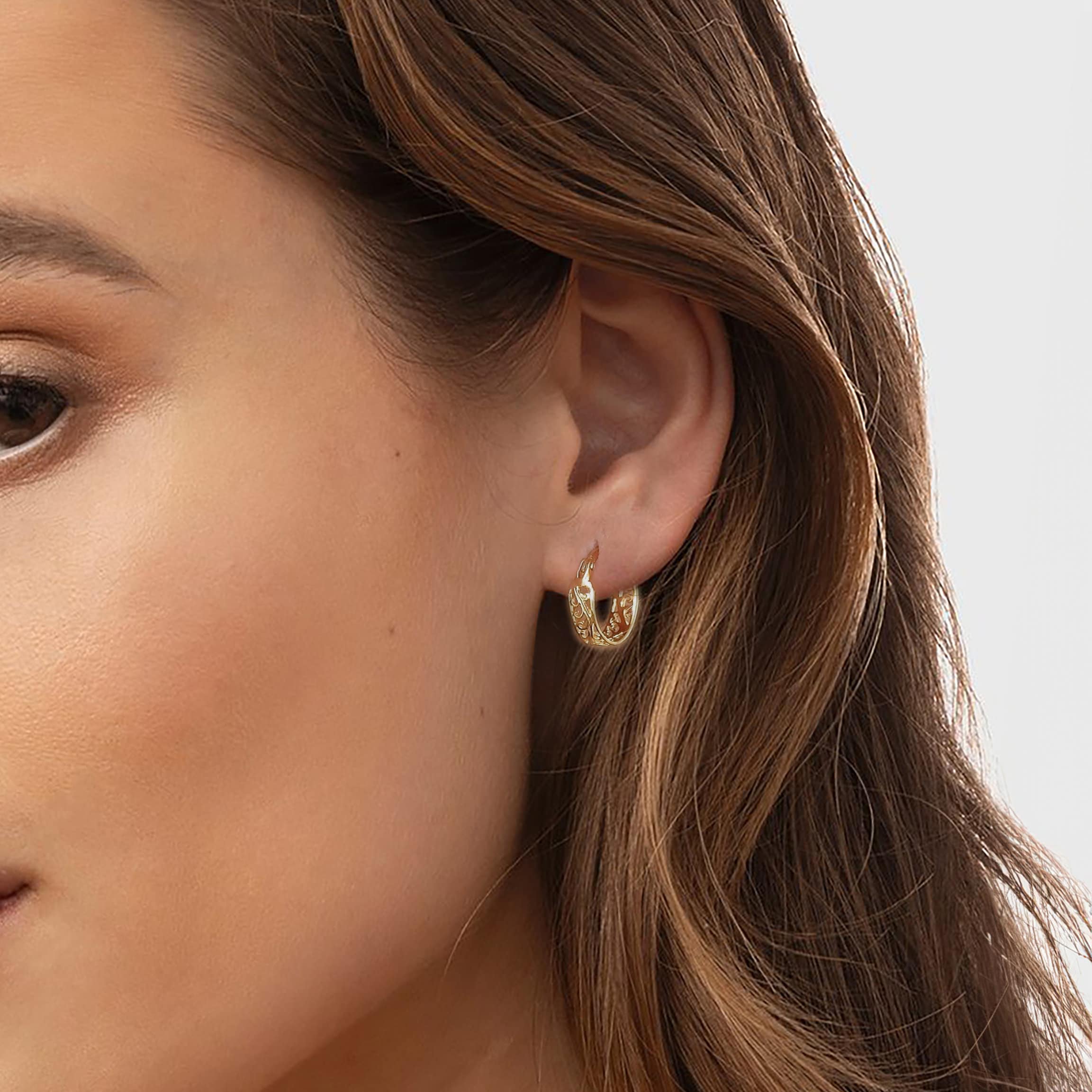 עגילי חישוק זהב פיליגרן לנשים, עגילי זהב מלא 14 קראט, חישוקי זהב מרשימים