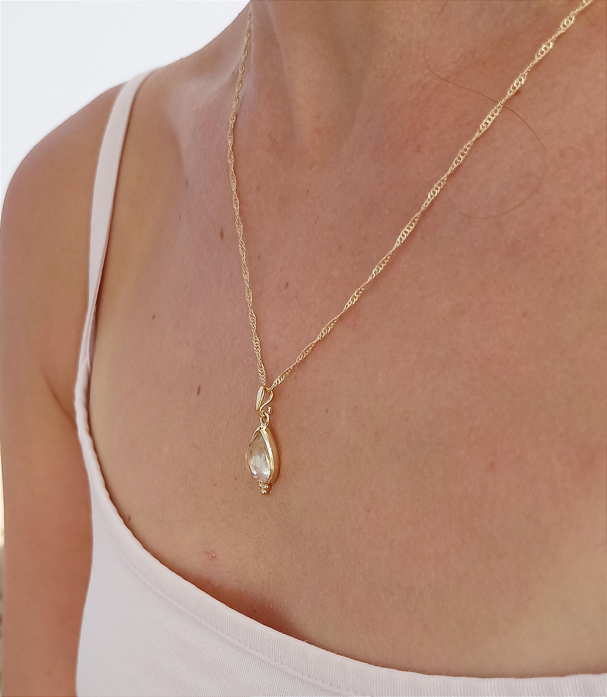 תליון שרשרת קריסטל קוורץ בצורת דמעה מזהב 14 קראט