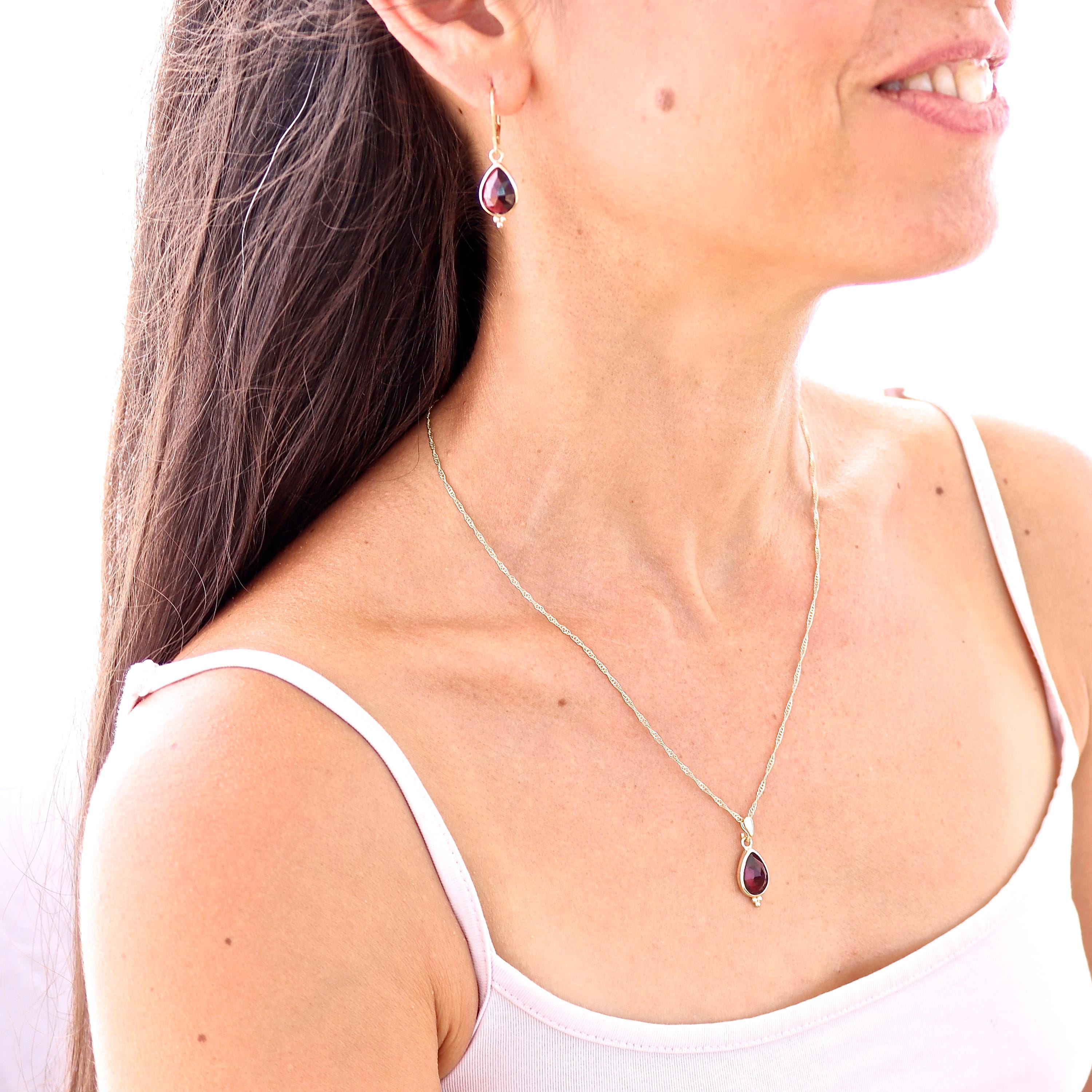 תליון שרשרת דמעה מזהב גארנט לנשים, תכשיטי אבני חן מתנה