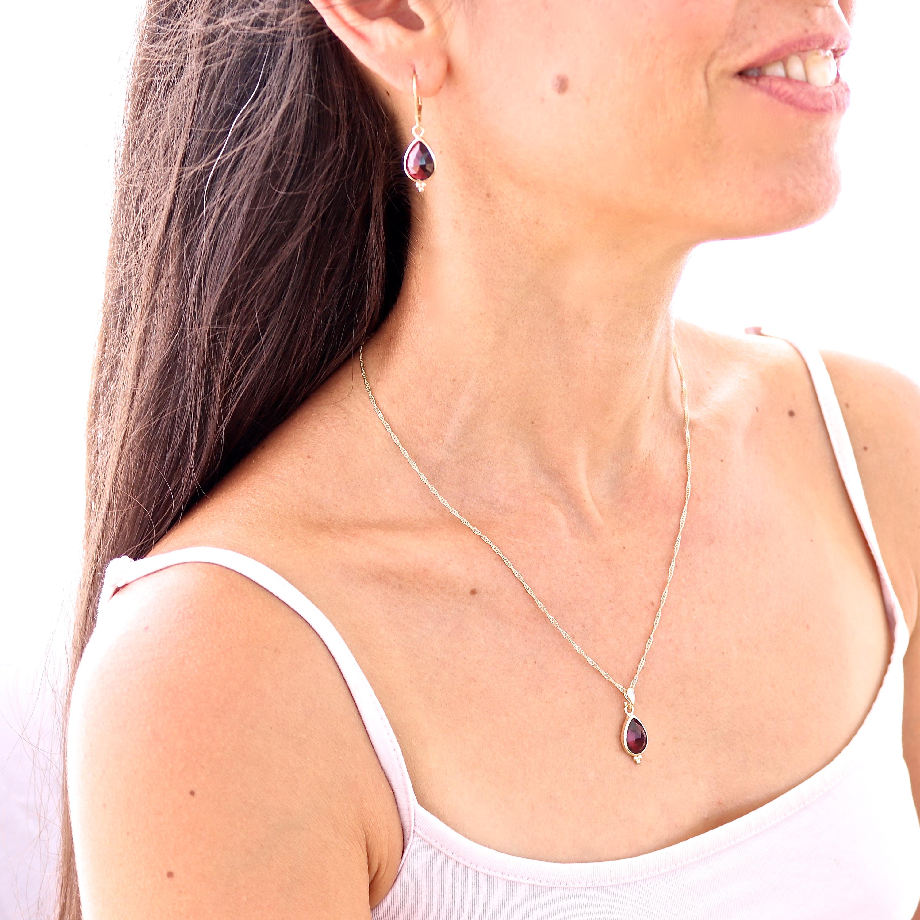 סט שרשרת ועגילים משובצים בזהב 14 קראט משובצים בגרנט לנשים, תכשיטי אבני חן מתנה