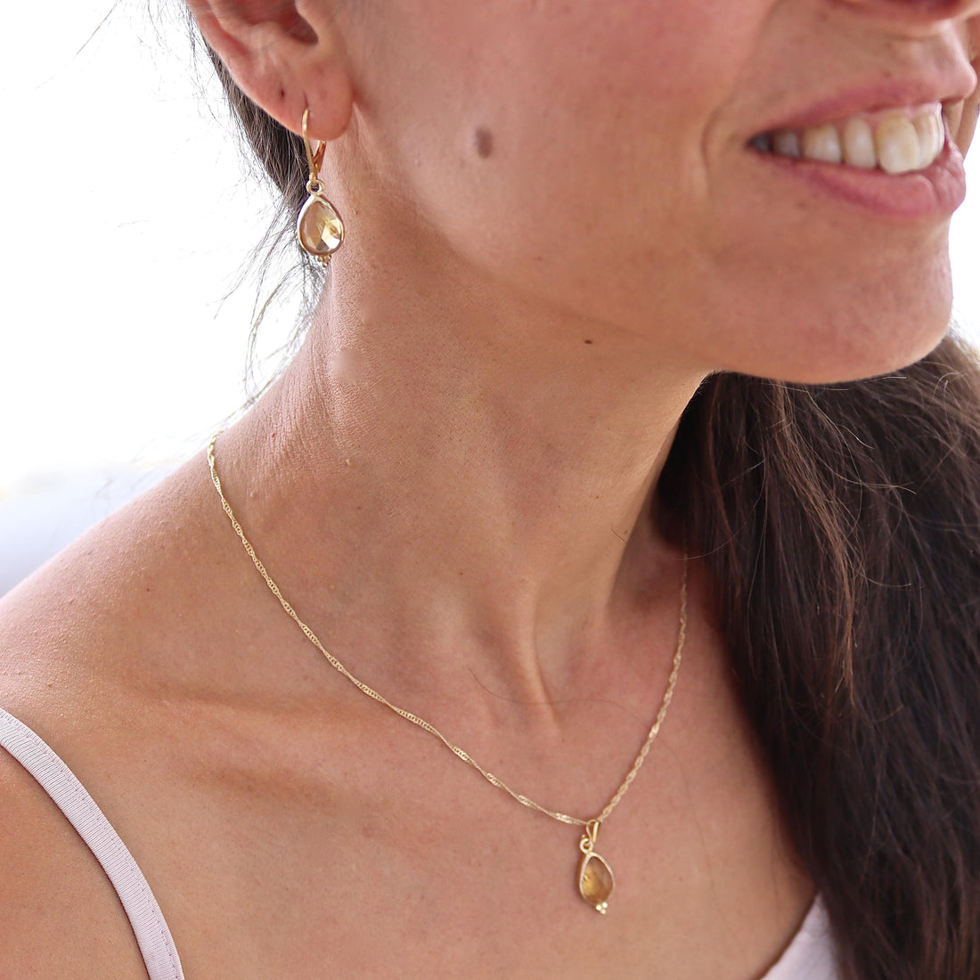 תליון שרשרת טיפה מזהב 14 קראט משובץ סיטרין לנשים, תכשיטי אבני חן מתנה