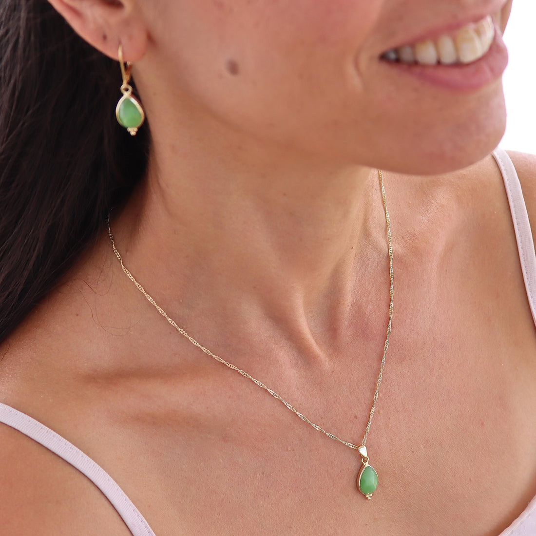 תליון שרשרת ירקן ירוק, תליון זהב 14 קראט משובץ דמעה