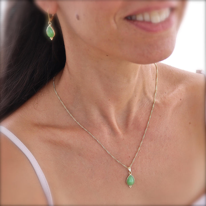 תליון שרשרת ירקן ירוק, תליון זהב 14 קראט משובץ דמעה