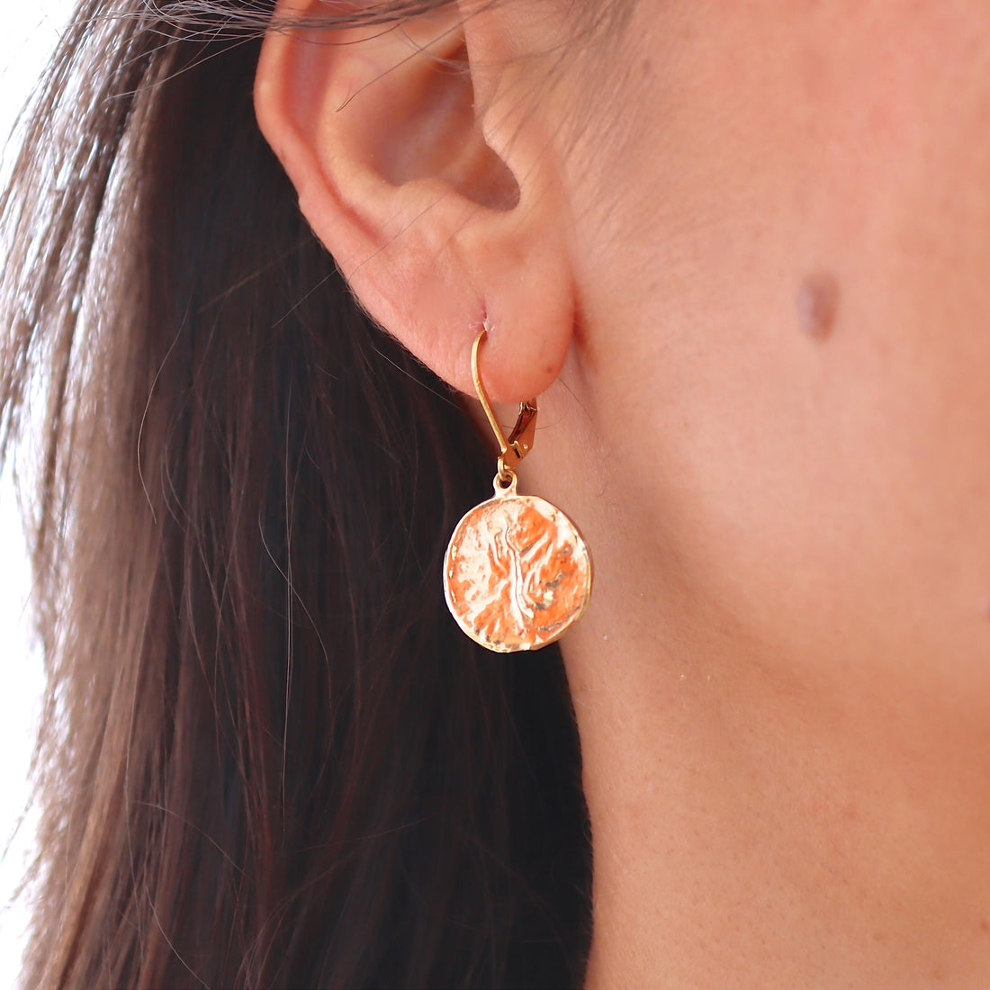 עגיל תלוי דיסק מזהב 14 קראט, עיצוב עיגול מטבעות מרקם, תכשיטי בוהו