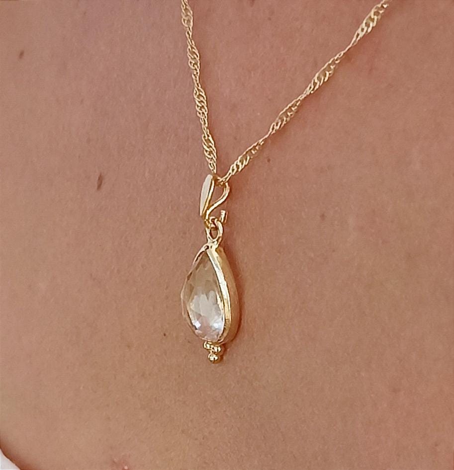 תליון שרשרת קריסטל קוורץ בצורת דמעה מזהב 14 קראט