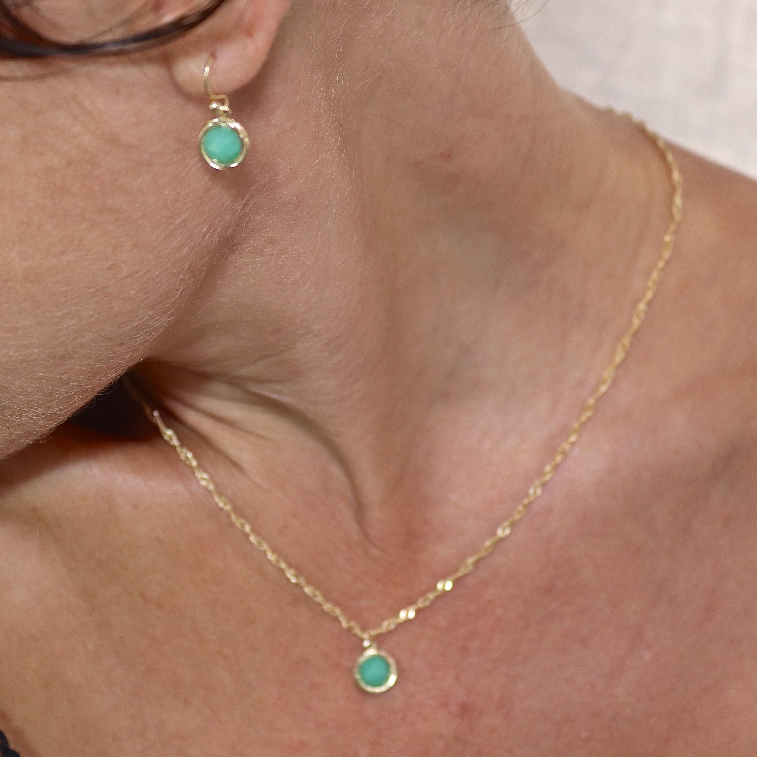 סט תכשיטי ירקן ירוק, עגילים תלויים ותליון שרשרת