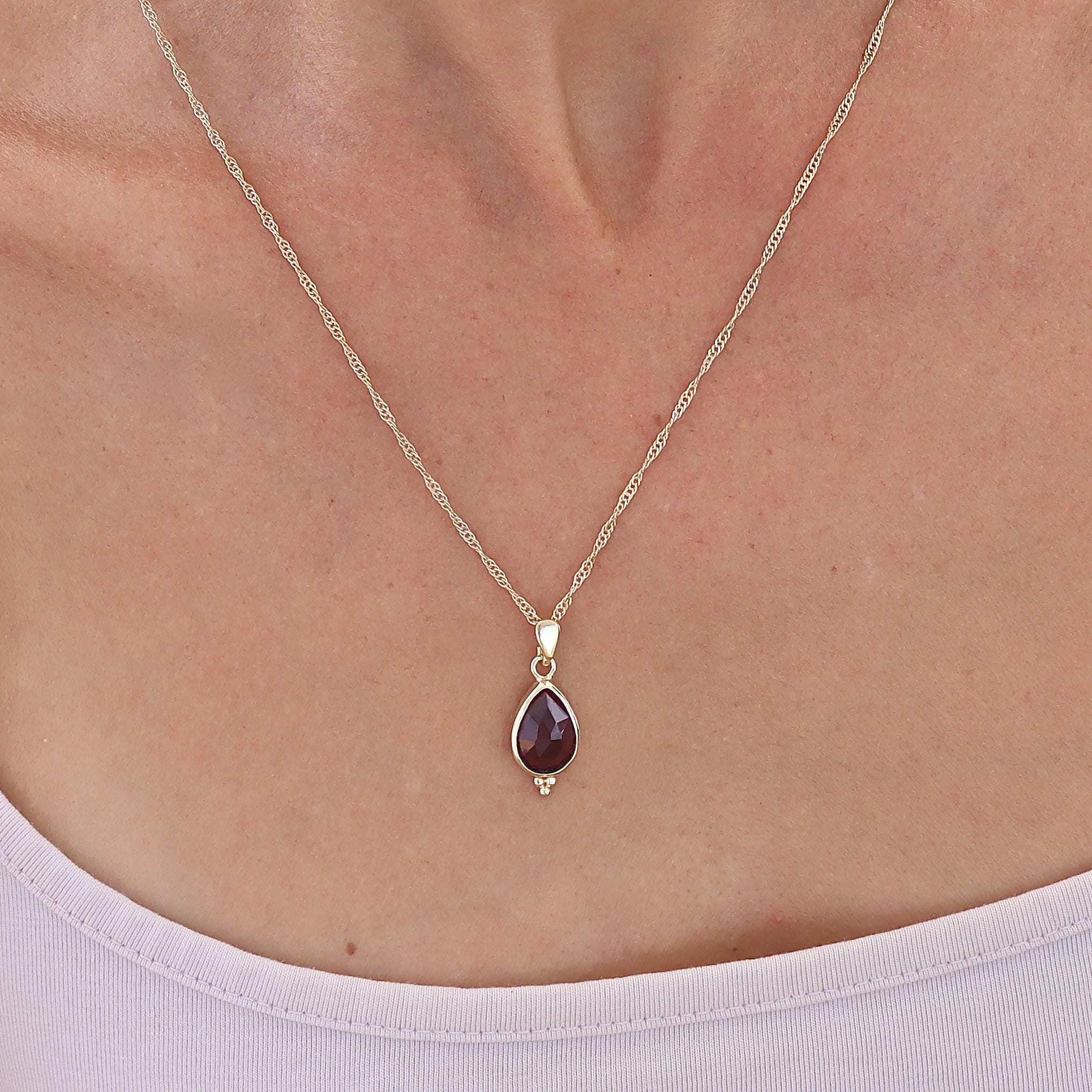 תליון שרשרת טיפה מזהב 14 קראט משובץ גרנט לנשים, תכשיט אבני חן מתנה