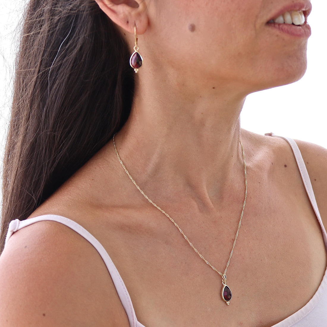 תליון שרשרת טיפה מזהב 14 קראט משובץ גרנט לנשים, תכשיט אבני חן מתנה