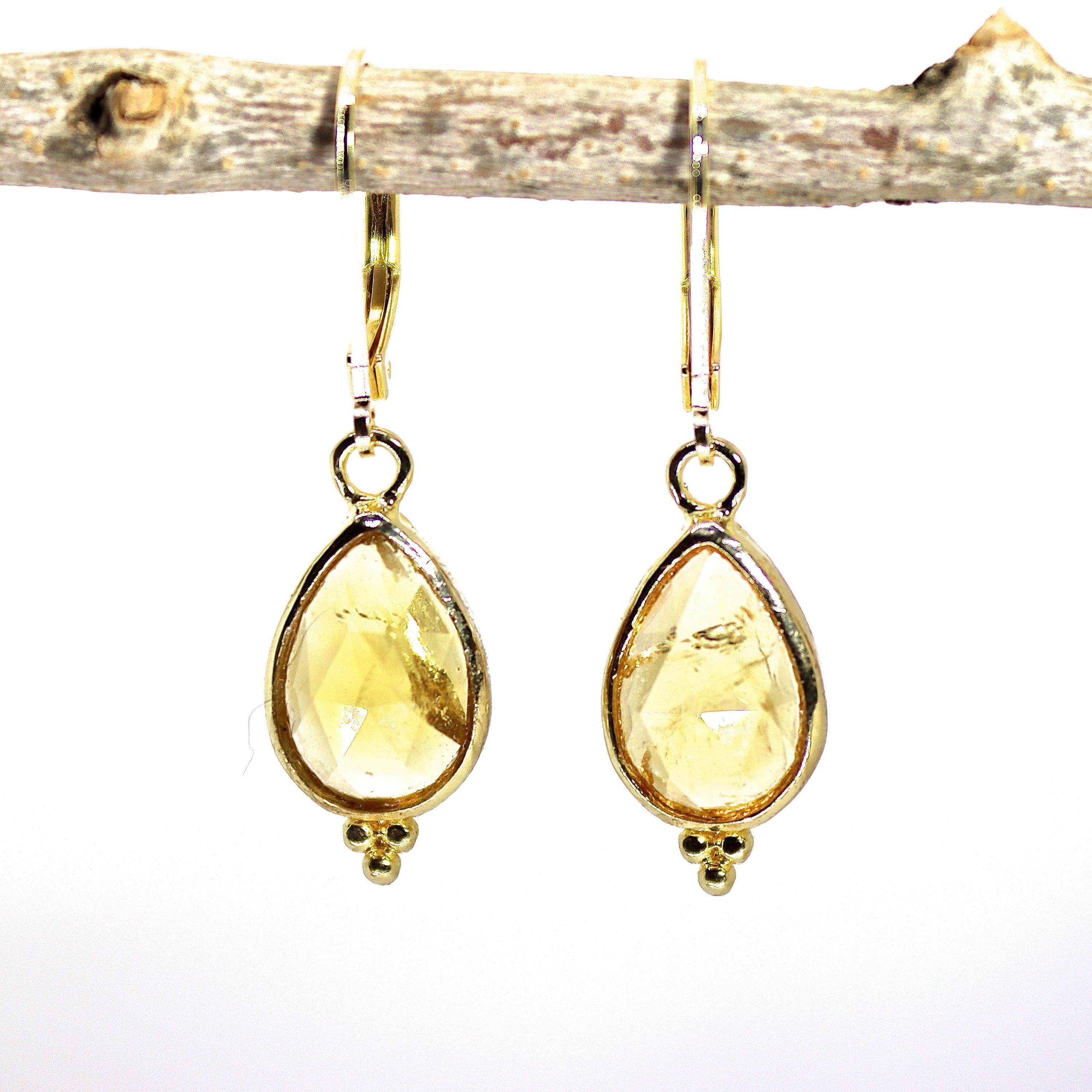 עגילי ציטרין מזהב 14 קראט, עגילים תלויים עם אבן צהובה, עגילי אבן לידה בנובמבר, עגילי אבן חן בצורת אגס לנשים