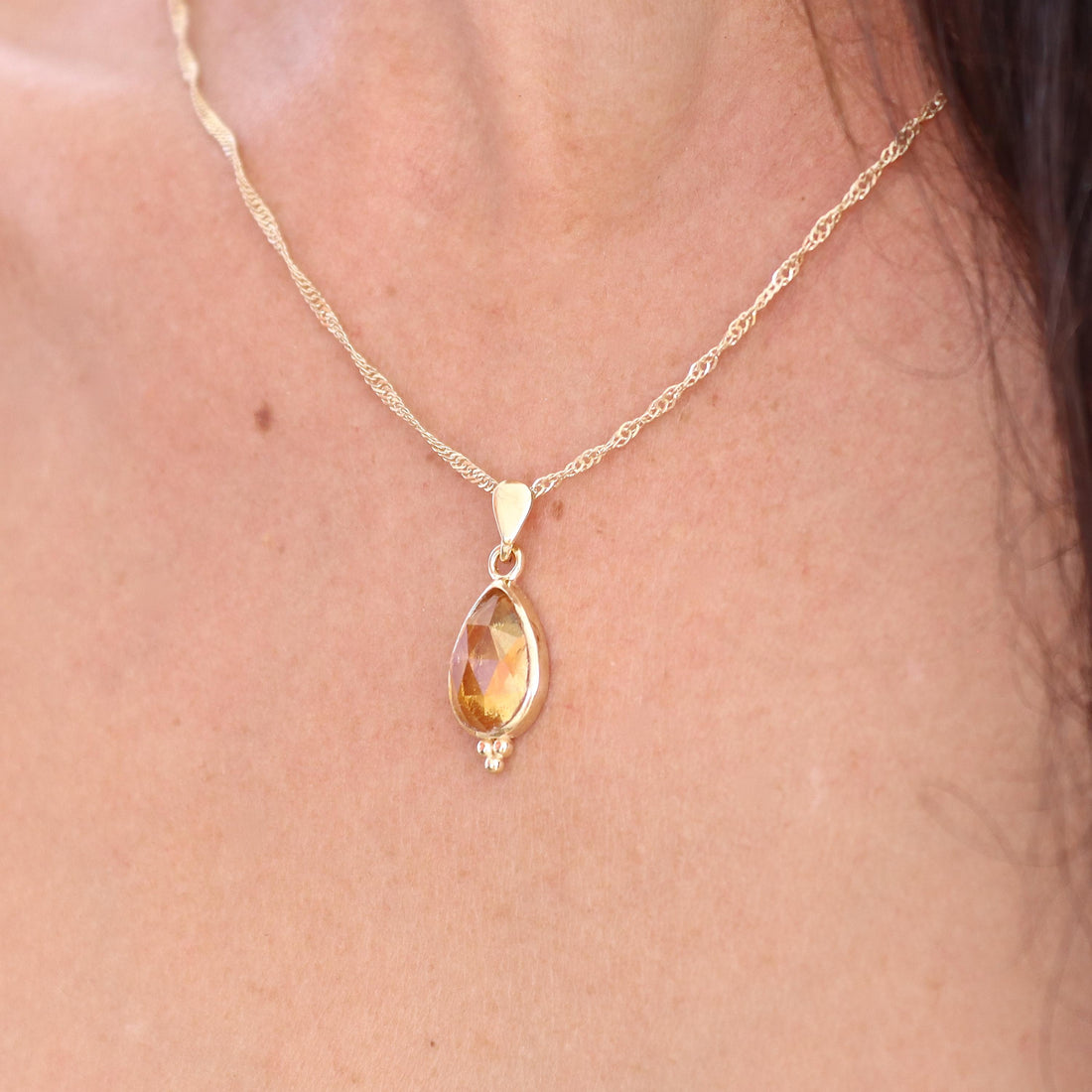 תליון שרשרת טיפה מזהב 14 קראט משובץ סיטרין לנשים, תכשיטי אבני חן מתנה