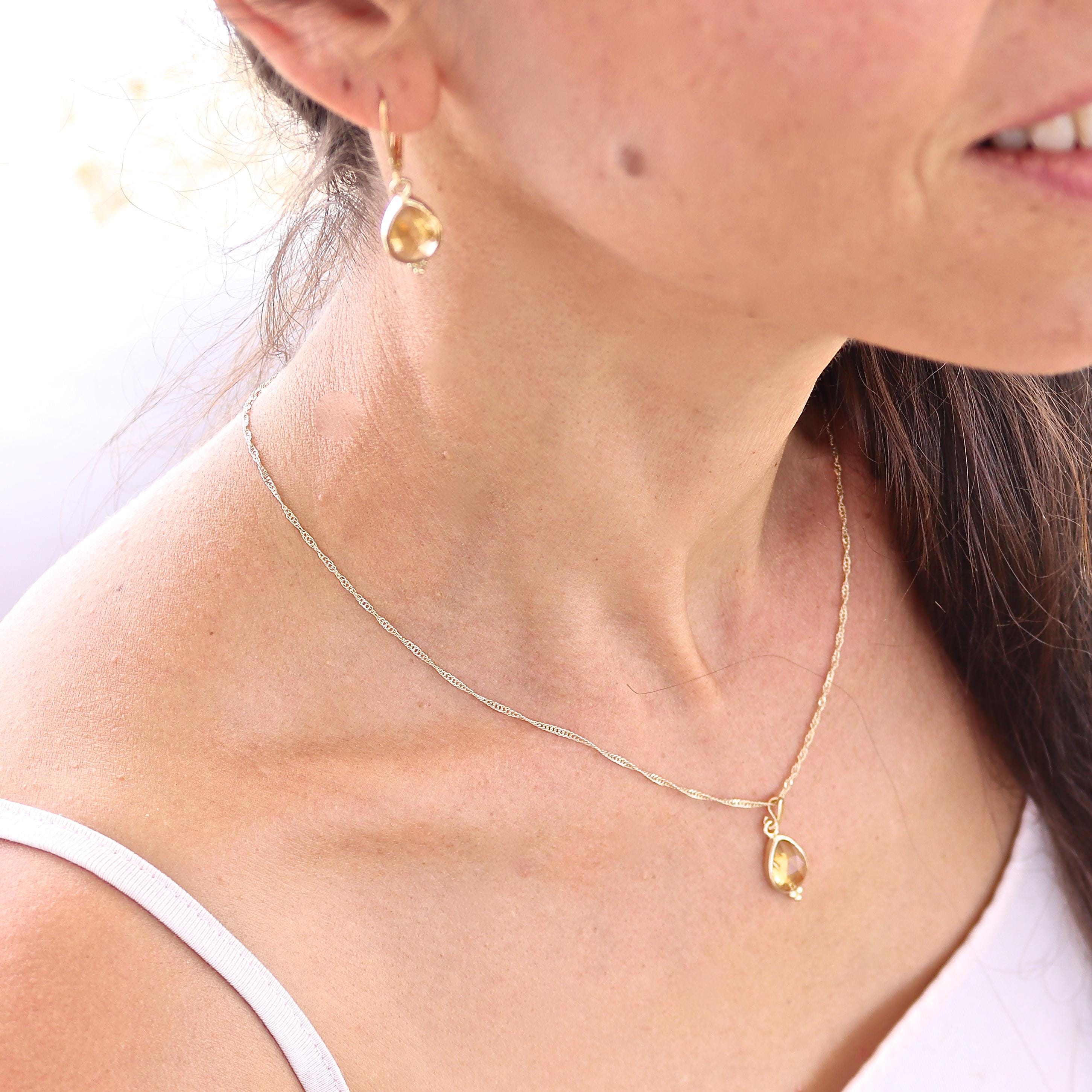 תליון שרשרת טיפה מזהב 14 קראט משובץ סיטרין לנשים, תכשיטי אבני חן מתנה