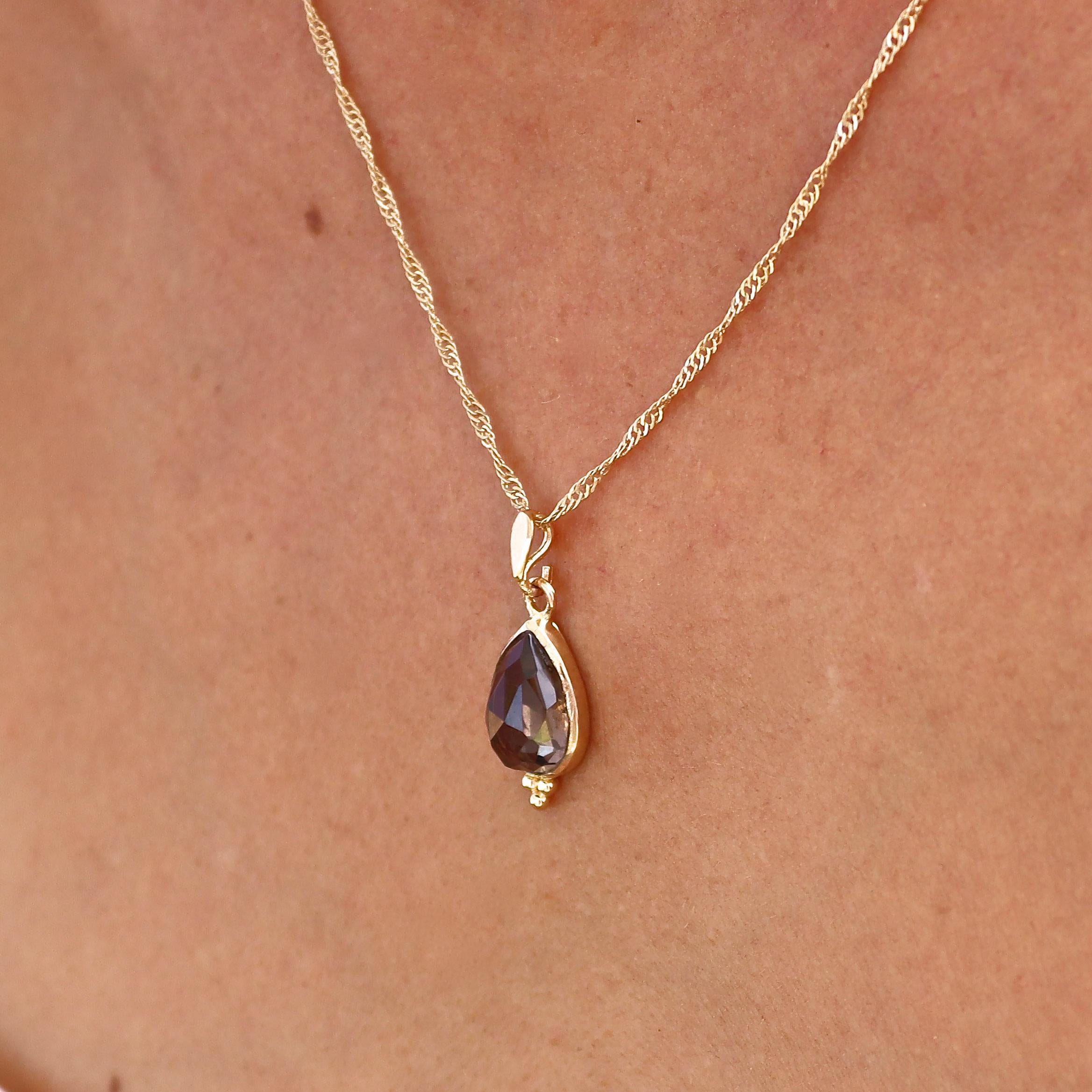 תליון שרשרת טיפת דמעה מזהב 14 קראט בצבע קוורץ מעושן לנשים, תכשיטי אבני חן מתנה