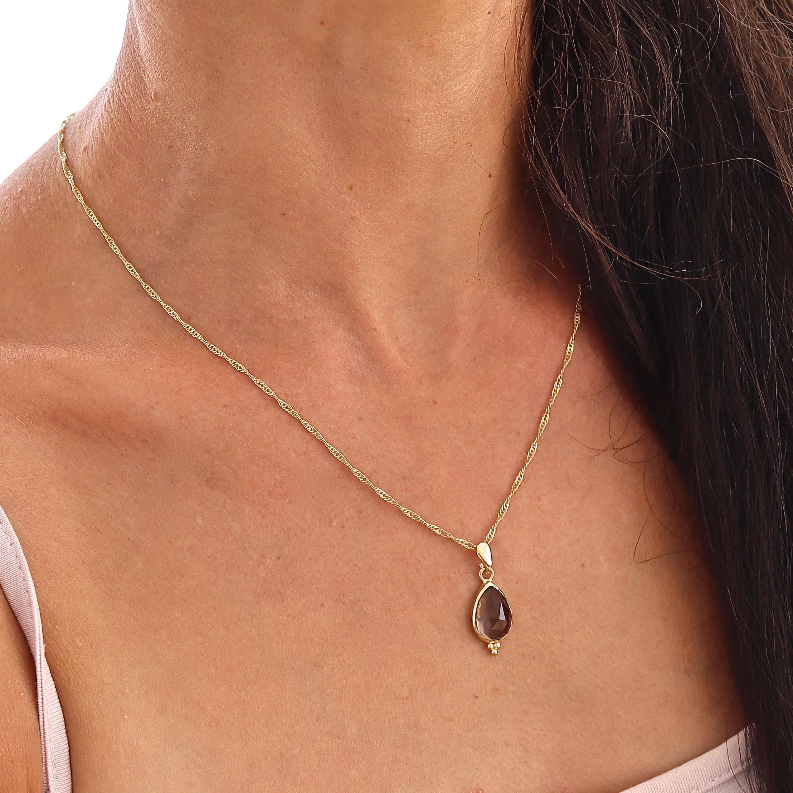 תליון שרשרת טיפת דמעה מזהב 14 קראט בצבע קוורץ מעושן לנשים, תכשיטי אבני חן מתנה
