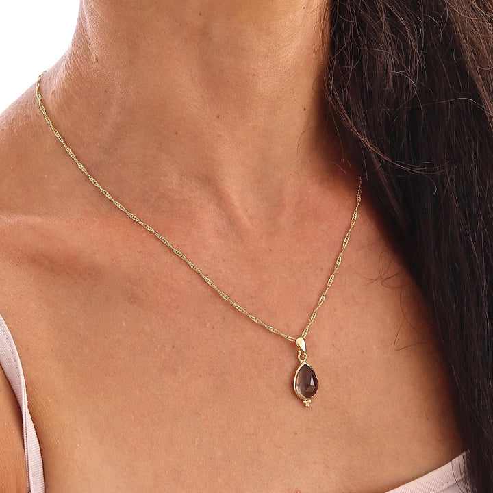 תליון שרשרת טיפת דמעה מזהב 14 קראט בצבע קוורץ מעושן לנשים, תכשיטי אבני חן מתנה