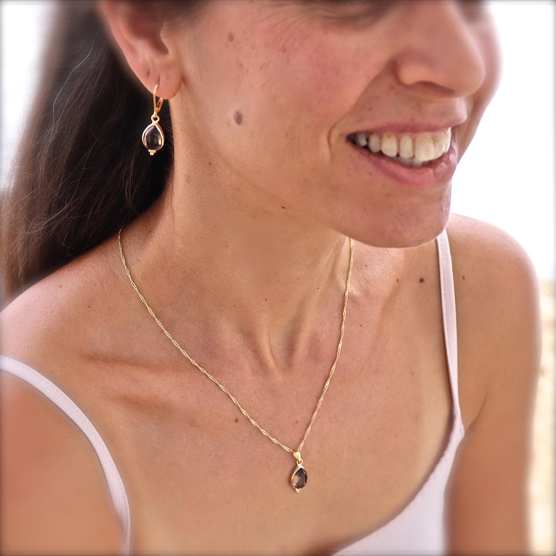 תליון שרשרת טיפת דמעה מזהב 14 קראט בצבע קוורץ מעושן לנשים, תכשיטי אבני חן מתנה