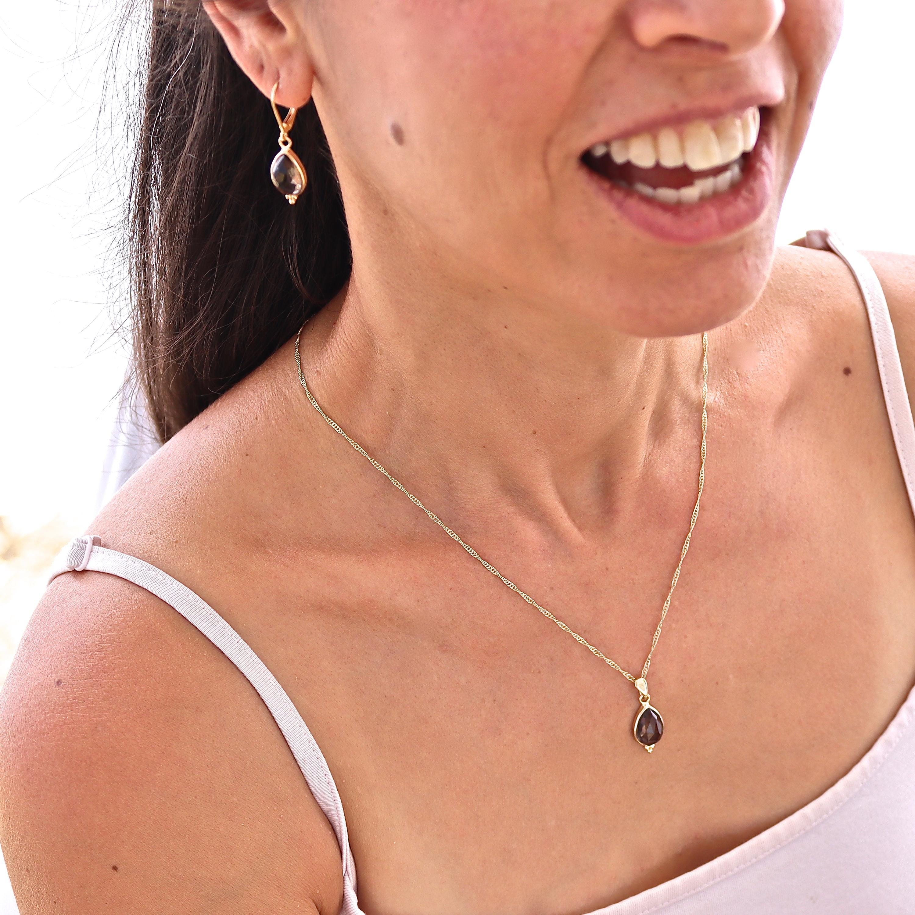 תליון שרשרת טיפת דמעה מזהב 14 קראט בצבע קוורץ מעושן לנשים, תכשיטי אבני חן מתנה
