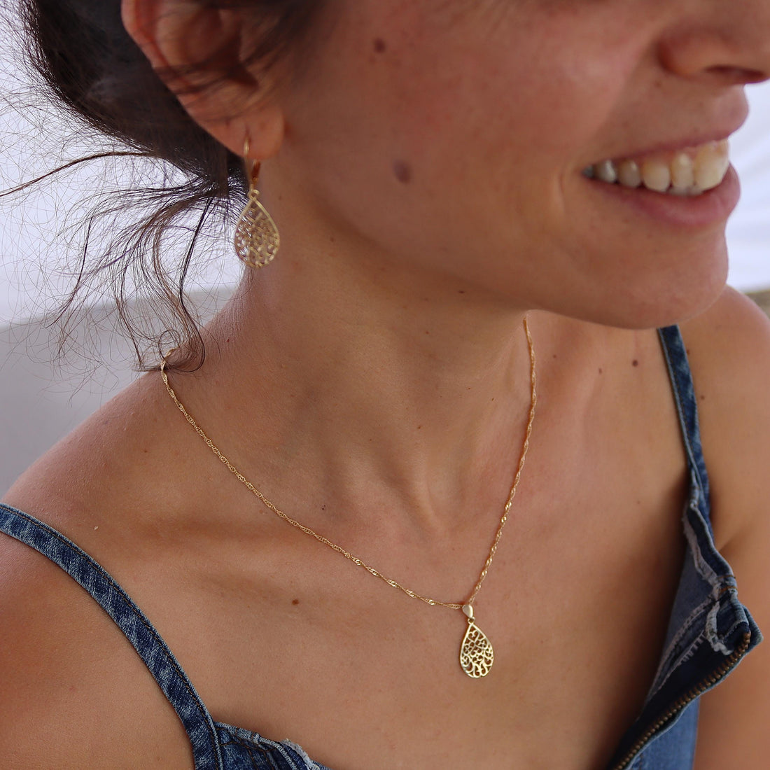 שרשרת תליון פיליגרן בסגנון ויקטוריאני מזהב 14 קראט משובצת דמעה