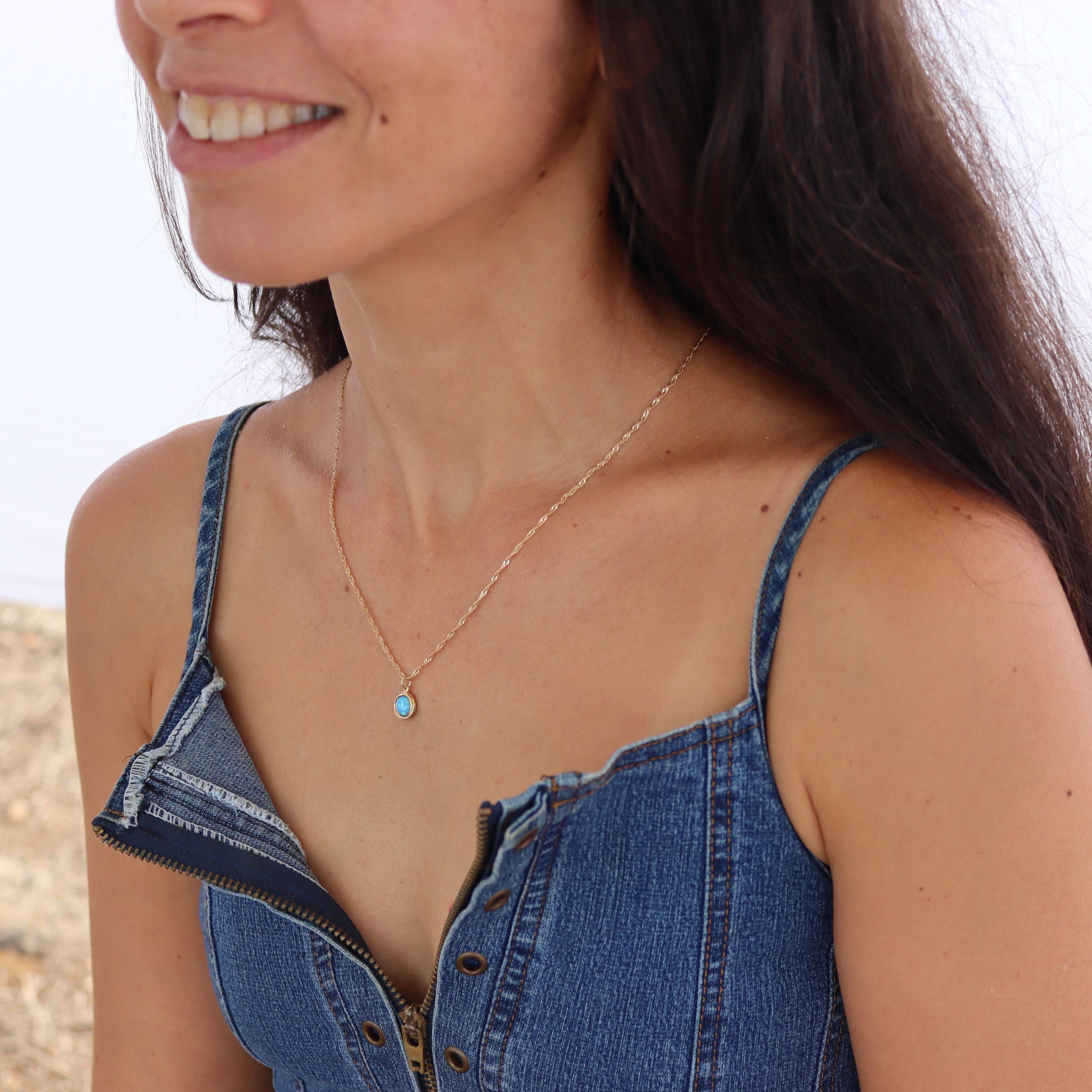 שרשרת אופל כחול מזהב מלא 14 קראט, תליון שרשרת אופל מזהב 14 קראט