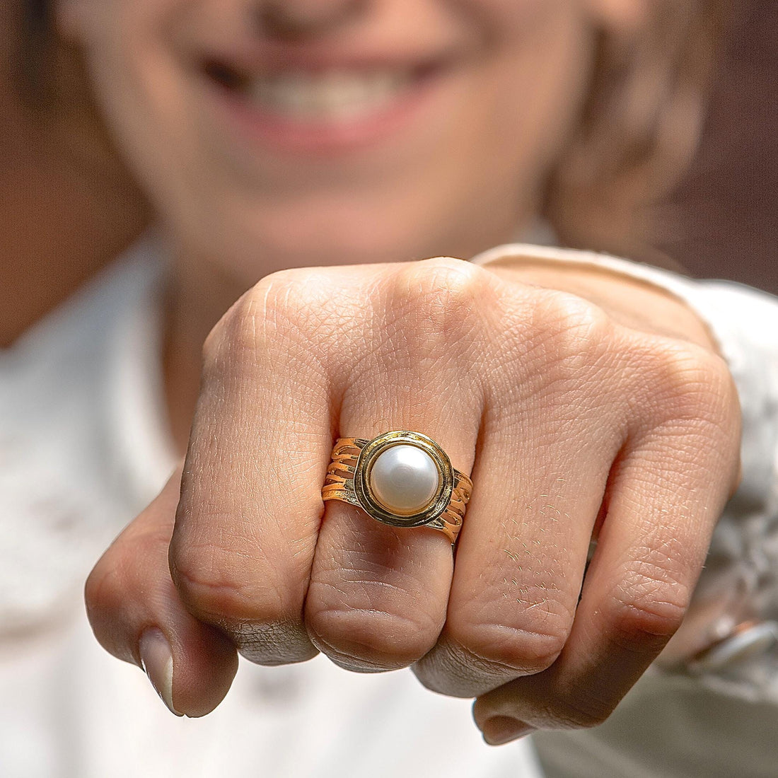 טבעת פנינה אלגנטית מזהב 14 קראט, טבעת נועזת