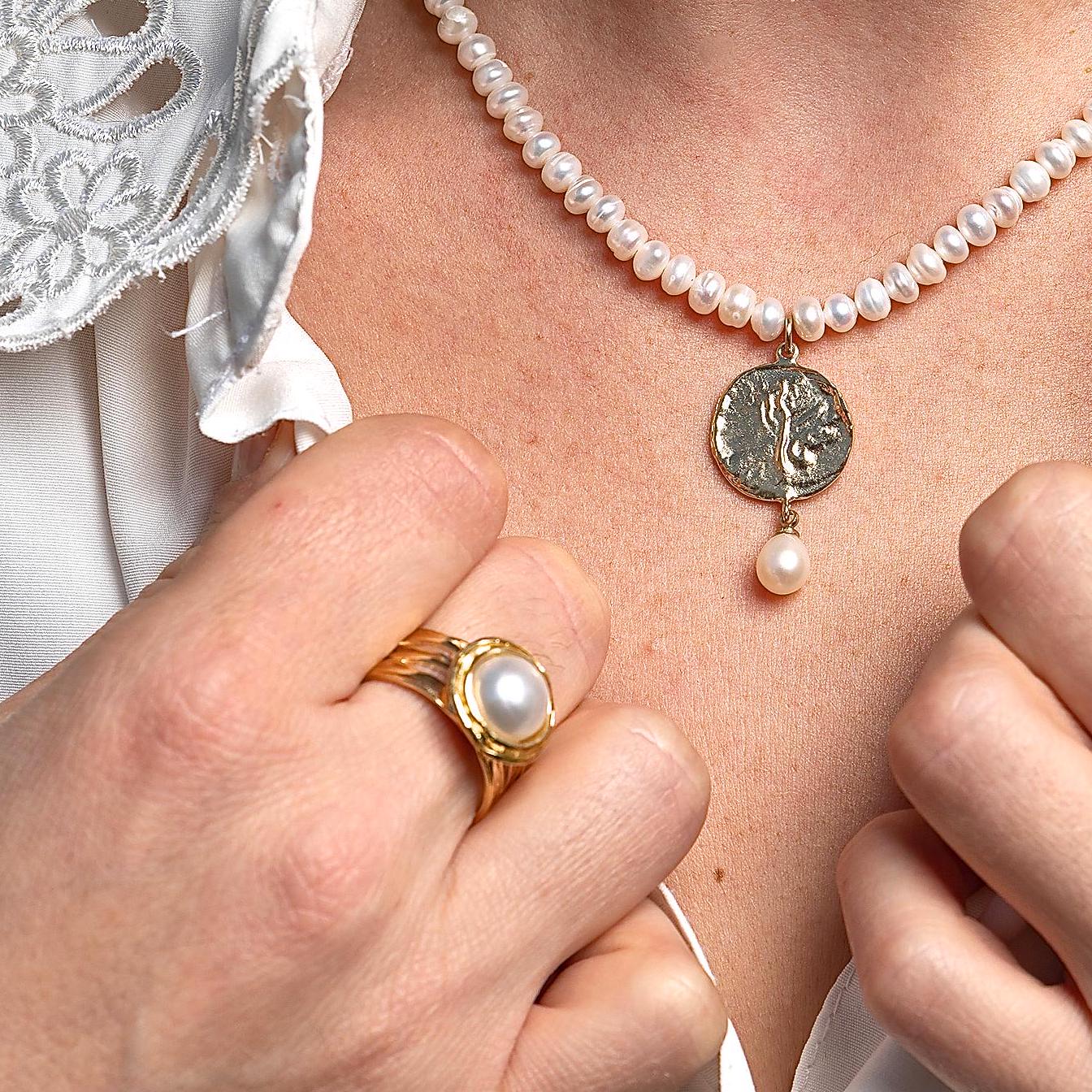 טבעת פנינה אלגנטית מזהב 14 קראט, טבעת נועזת