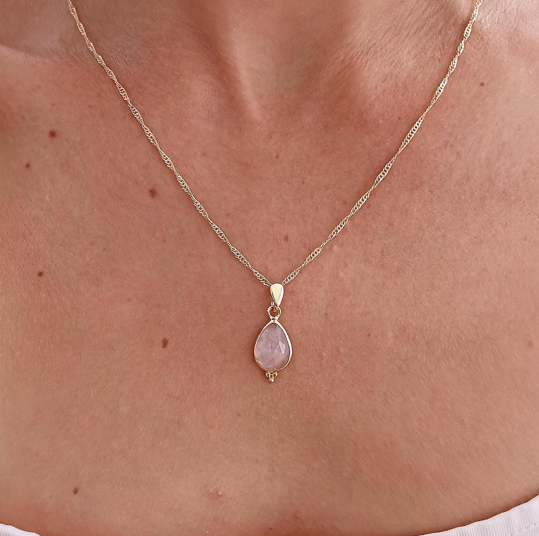 תליון שרשרת דמעה משובצת קוורץ ורד מזהב 14 קראט - תכשיטי אבני חן