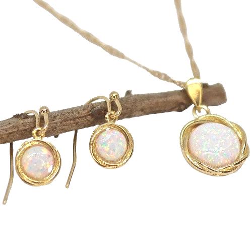 סט תכשיטי זהב לבן אופל, עגילים ותליון מצופים זהב 14 קראט