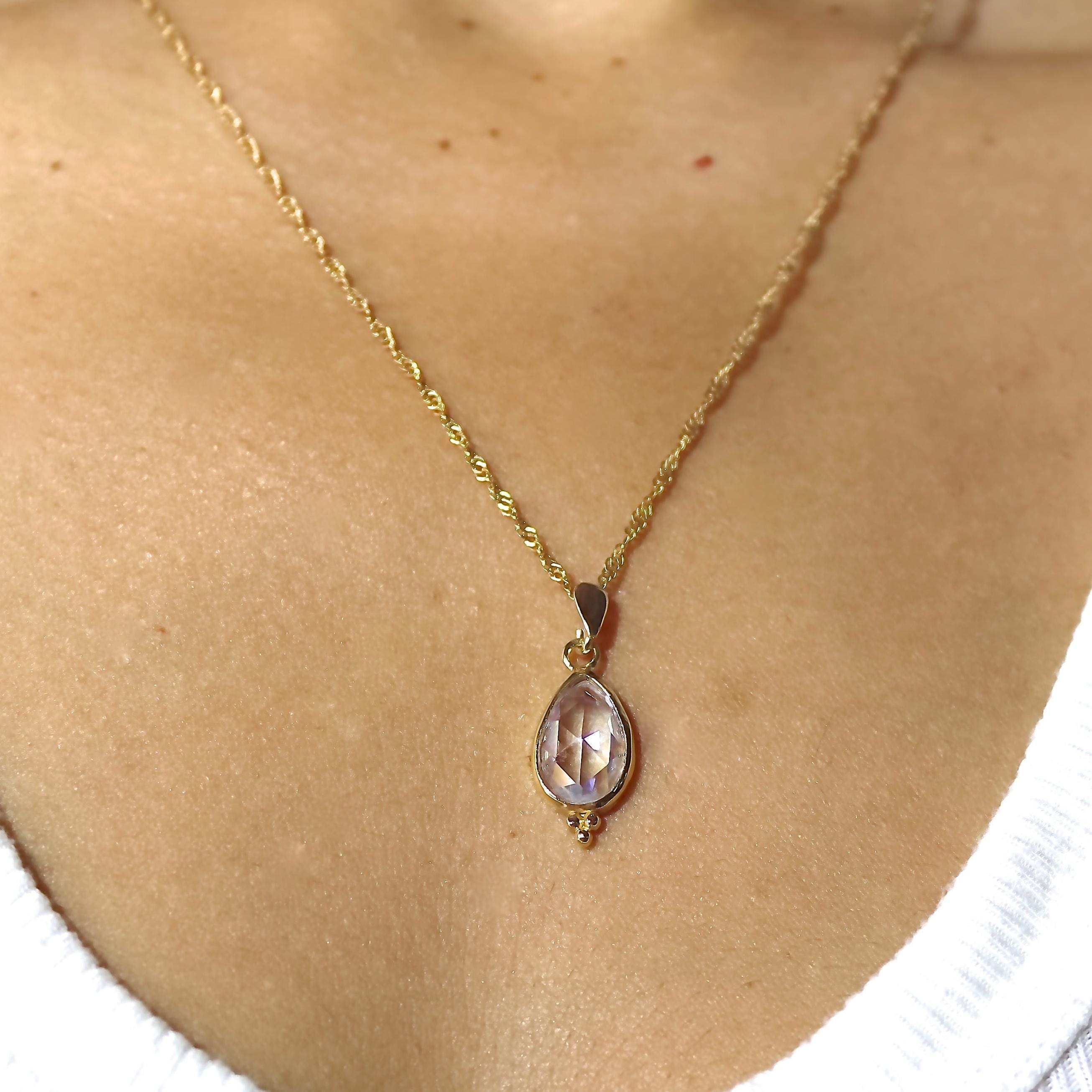 תליון שרשרת קריסטל קוורץ בצורת דמעה מזהב 14 קראט
