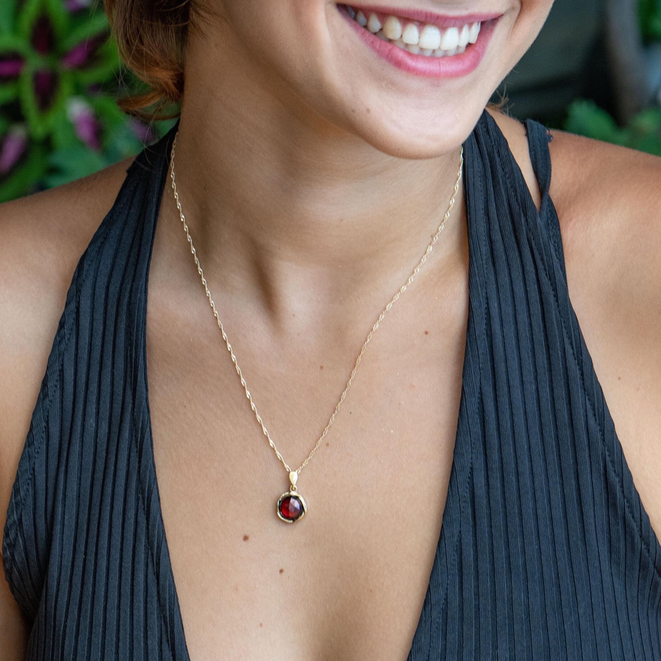 שרשרת זהב גארנט, שרשרת תליון עגולה מזהב מלא 14 קראט