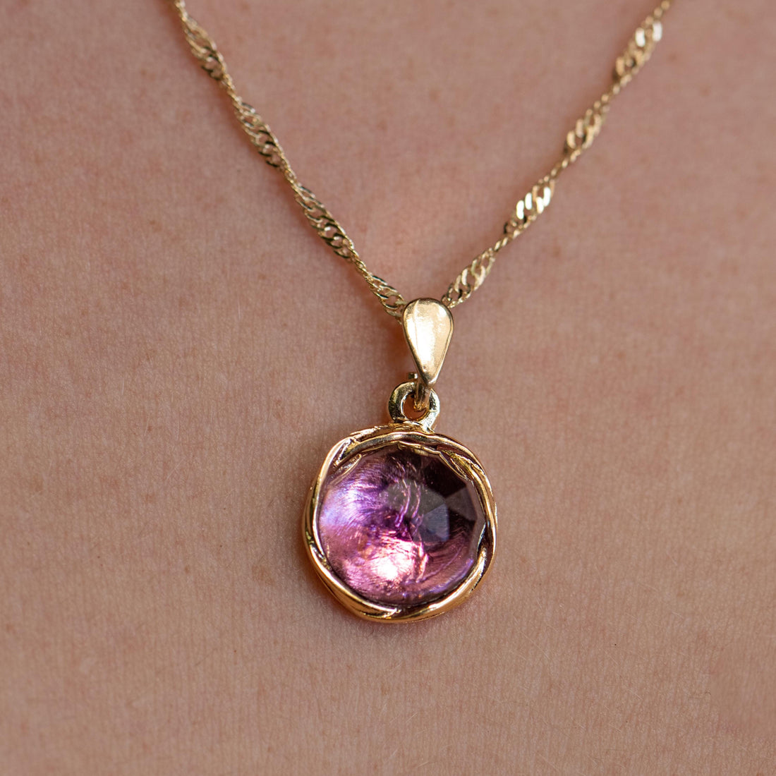 שרשרת תליון אמטיסט מזהב 14 קראט, תליון אבן סגולה עגולה