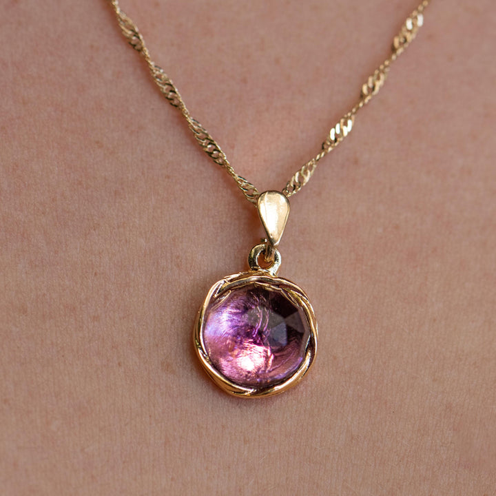 שרשרת תליון אמטיסט מזהב 14 קראט, תליון אבן סגולה עגולה