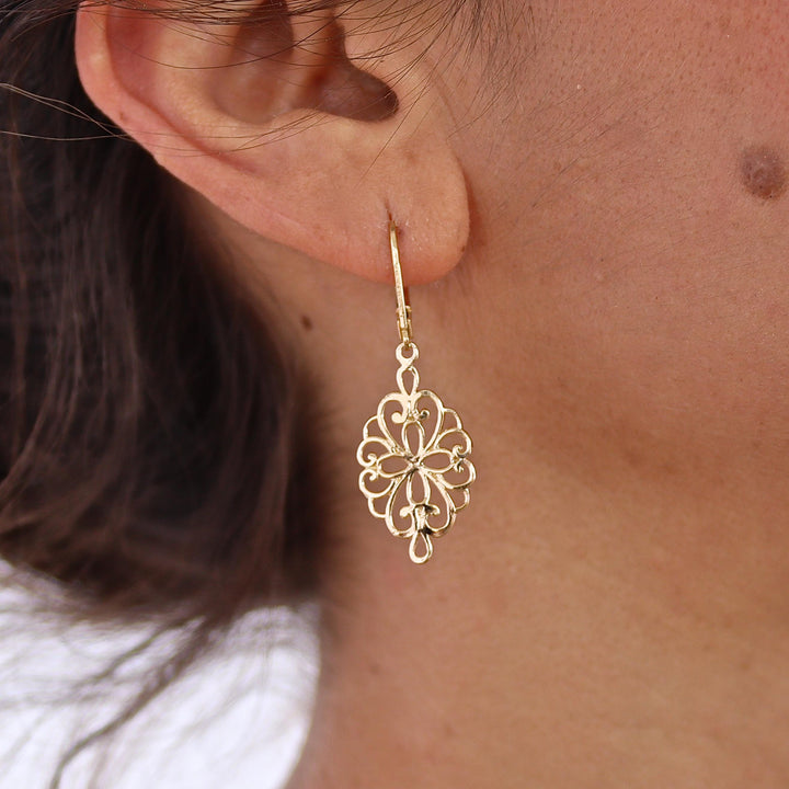 עגילי זהב מלאים בצורת פיליגרן, עגילי זהב 14 קראט, עגילים ויקטוריאניים