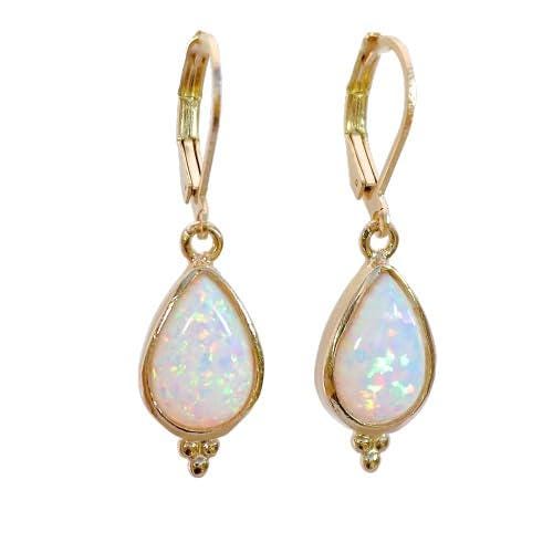 עגילי זהב תלויים עם אבן טיפה לאישה, עגיל זהב לבן אופל