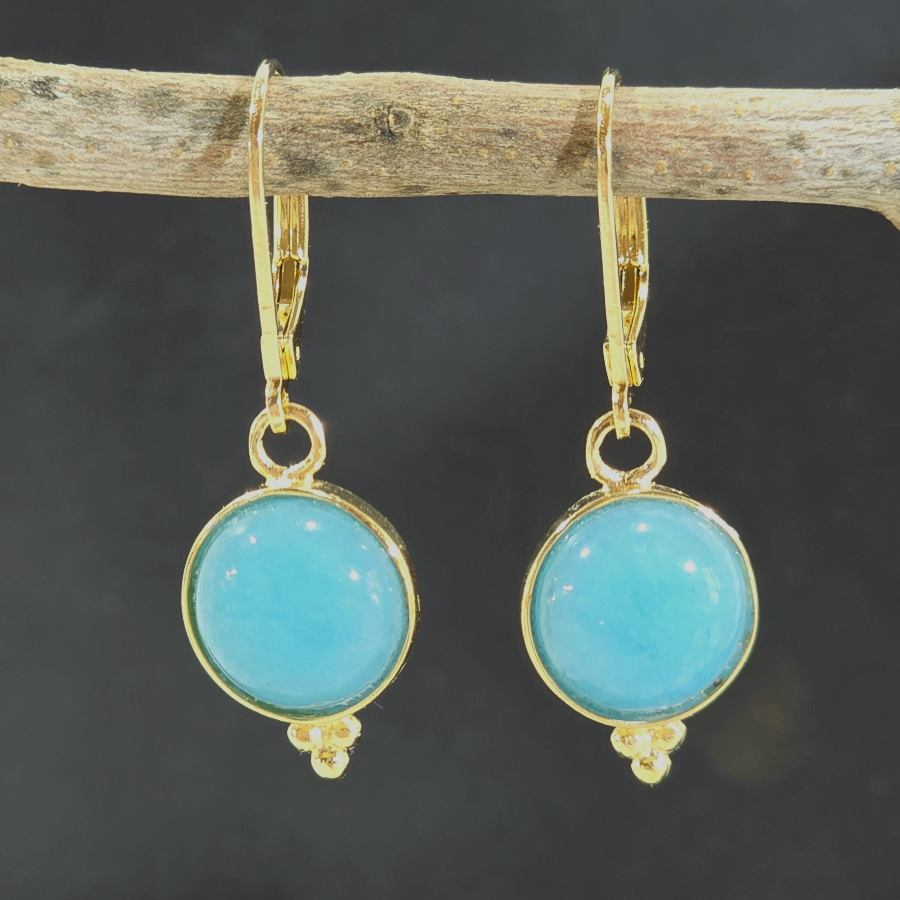 עגילי אקוומרין תלויים - עגילי זהב 14 קראט מלאים ואבנים