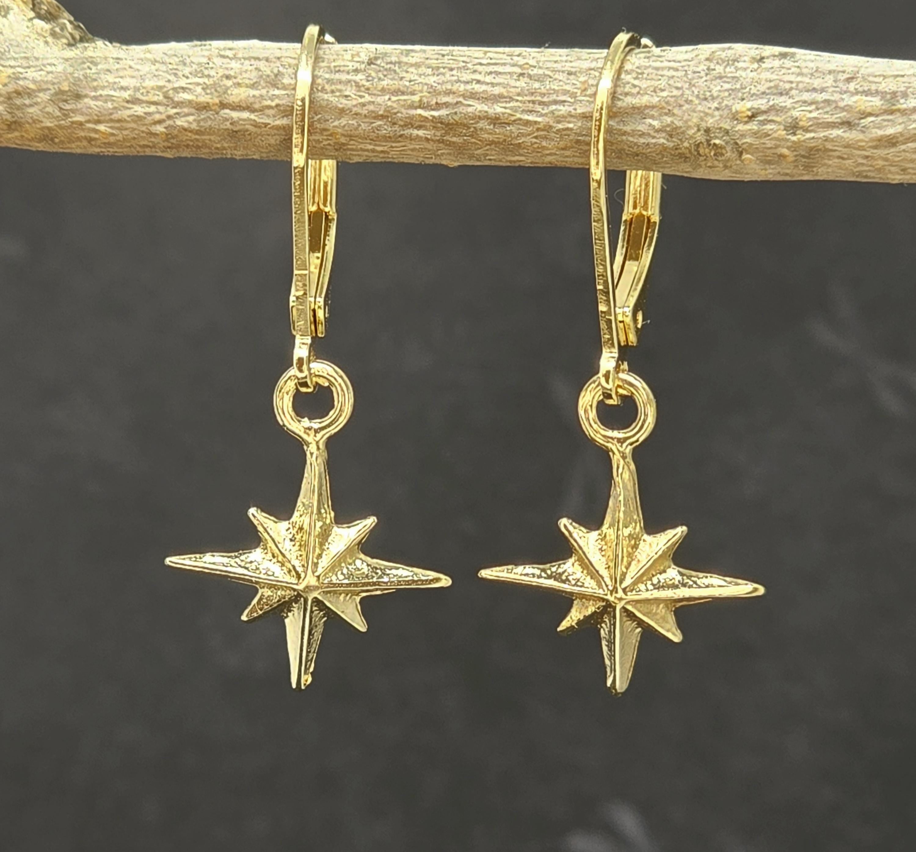 עגילי זהב 14 קראט משובצים בצורת מצפן