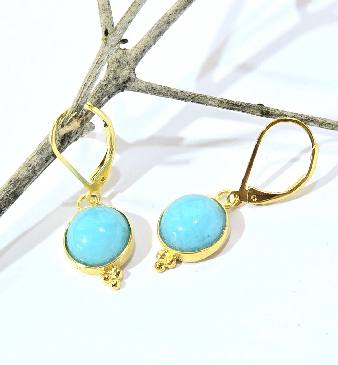 עגילי אקוומרין תלויים - עגילי זהב 14 קראט מלאים ואבנים