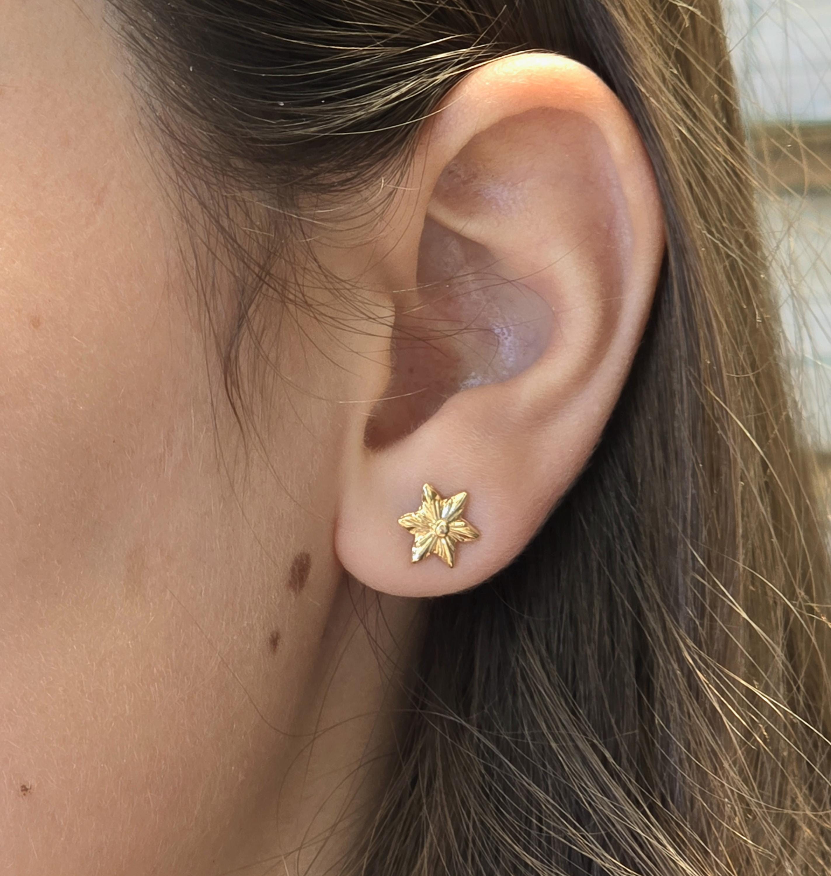 עגילי פרח כוכבים זהב 14 קראט, זהב מלא עגילי פוסט