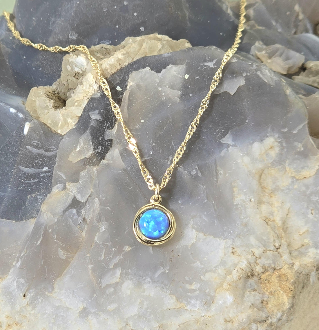 שרשרת אופל כחול מזהב מלא 14 קראט, תליון שרשרת אופל מזהב 14 קראט