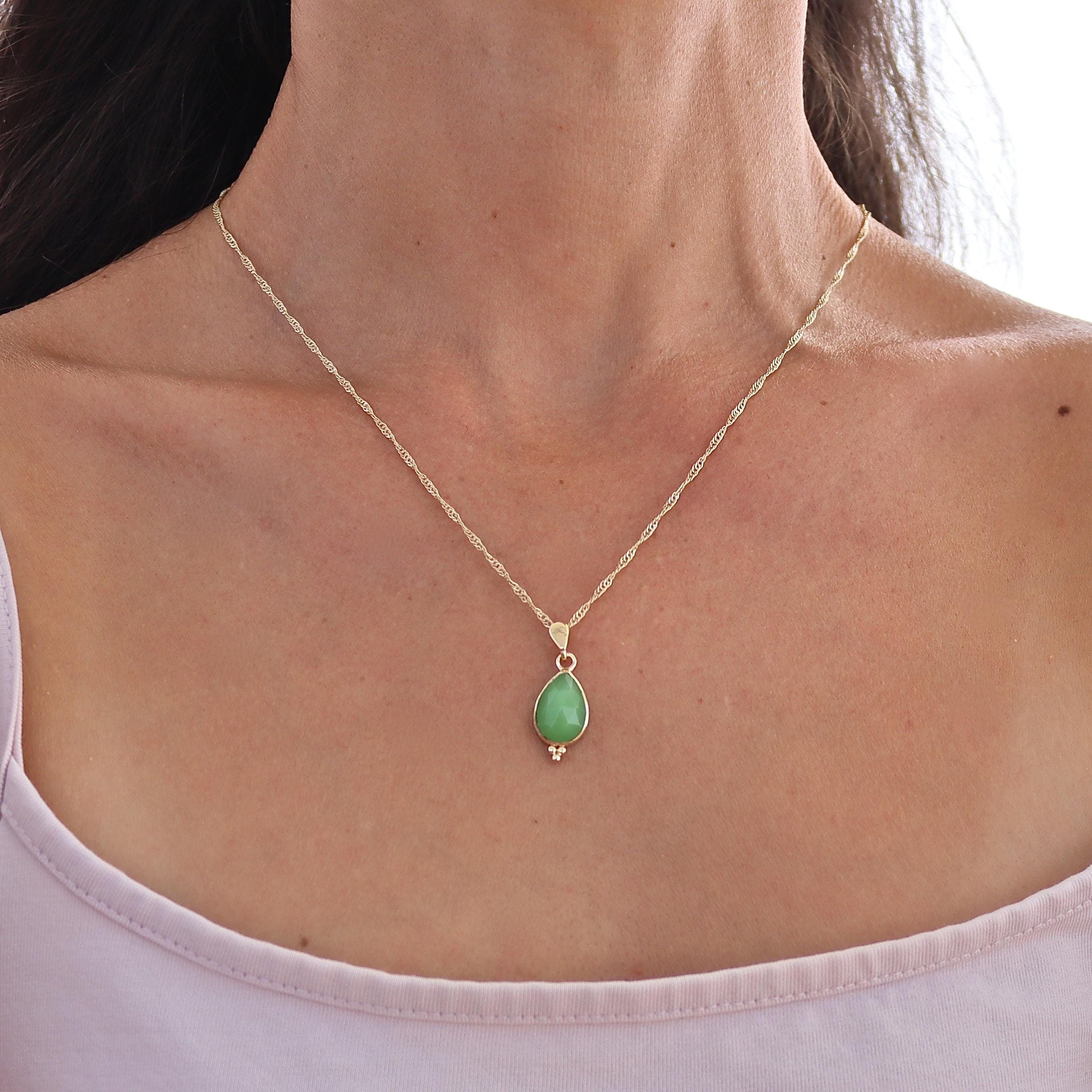 תליון שרשרת ירקן ירוק, תליון זהב 14 קראט משובץ דמעה