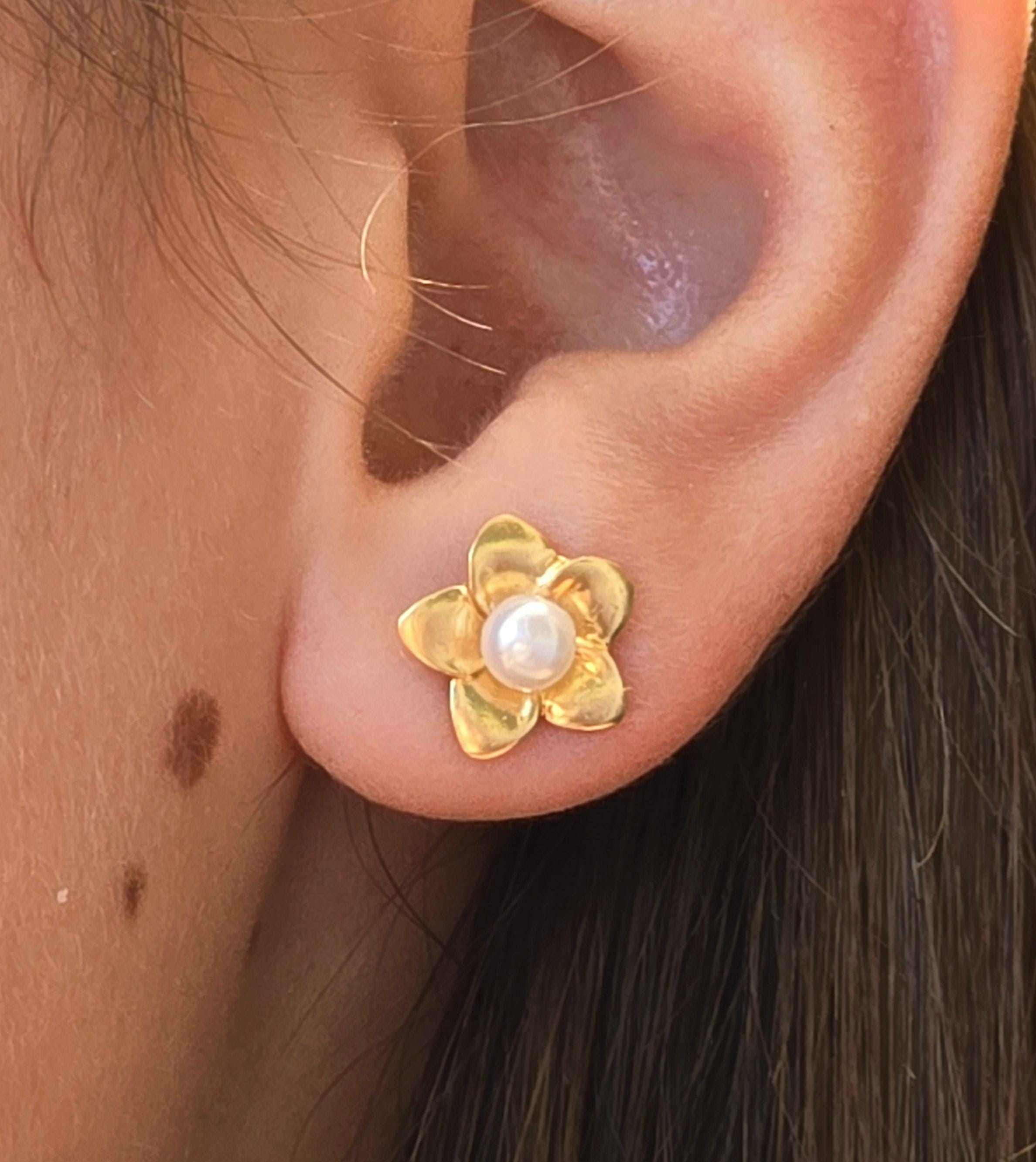 עגילי פנינה פרחוניים מזהב 14 קראט, עבודת יד