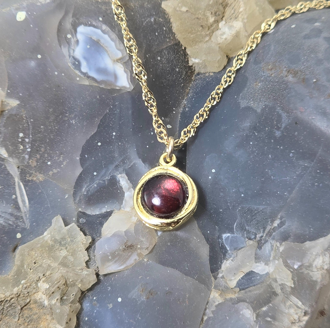 שרשרת זהב מלא 14 קראט משובצת גארנט, שרשרת תליון אבן אדומה קטנה