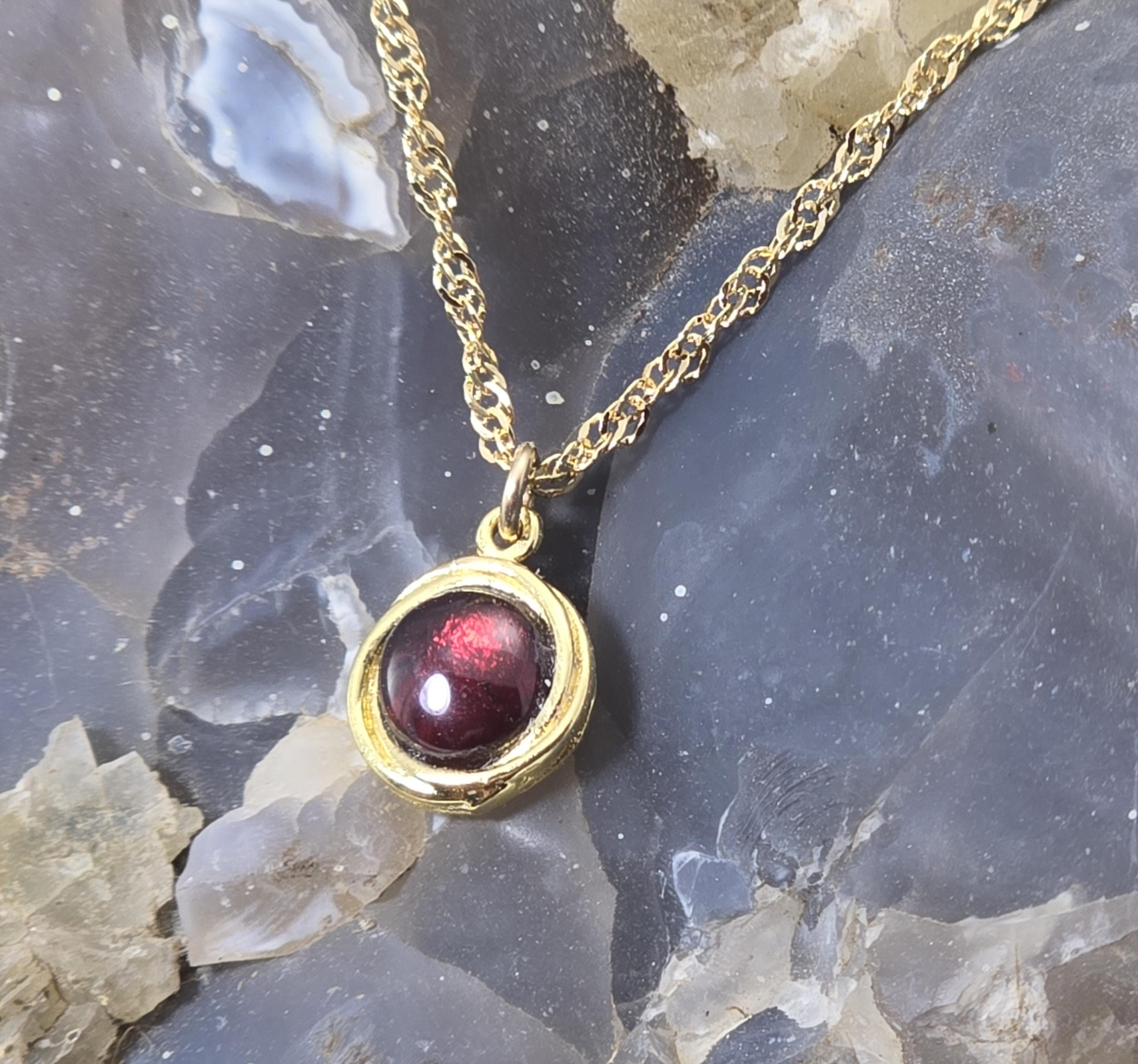 שרשרת זהב מלא 14 קראט משובצת גארנט, שרשרת תליון אבן אדומה קטנה