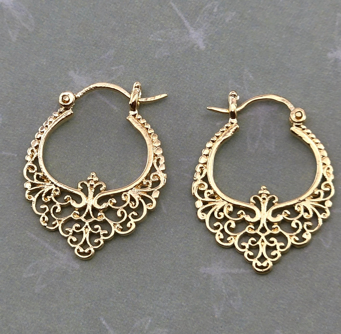 עגילי חישוק פיליגרן מזהב 14 קראט, עגילים ויקטוריאניים