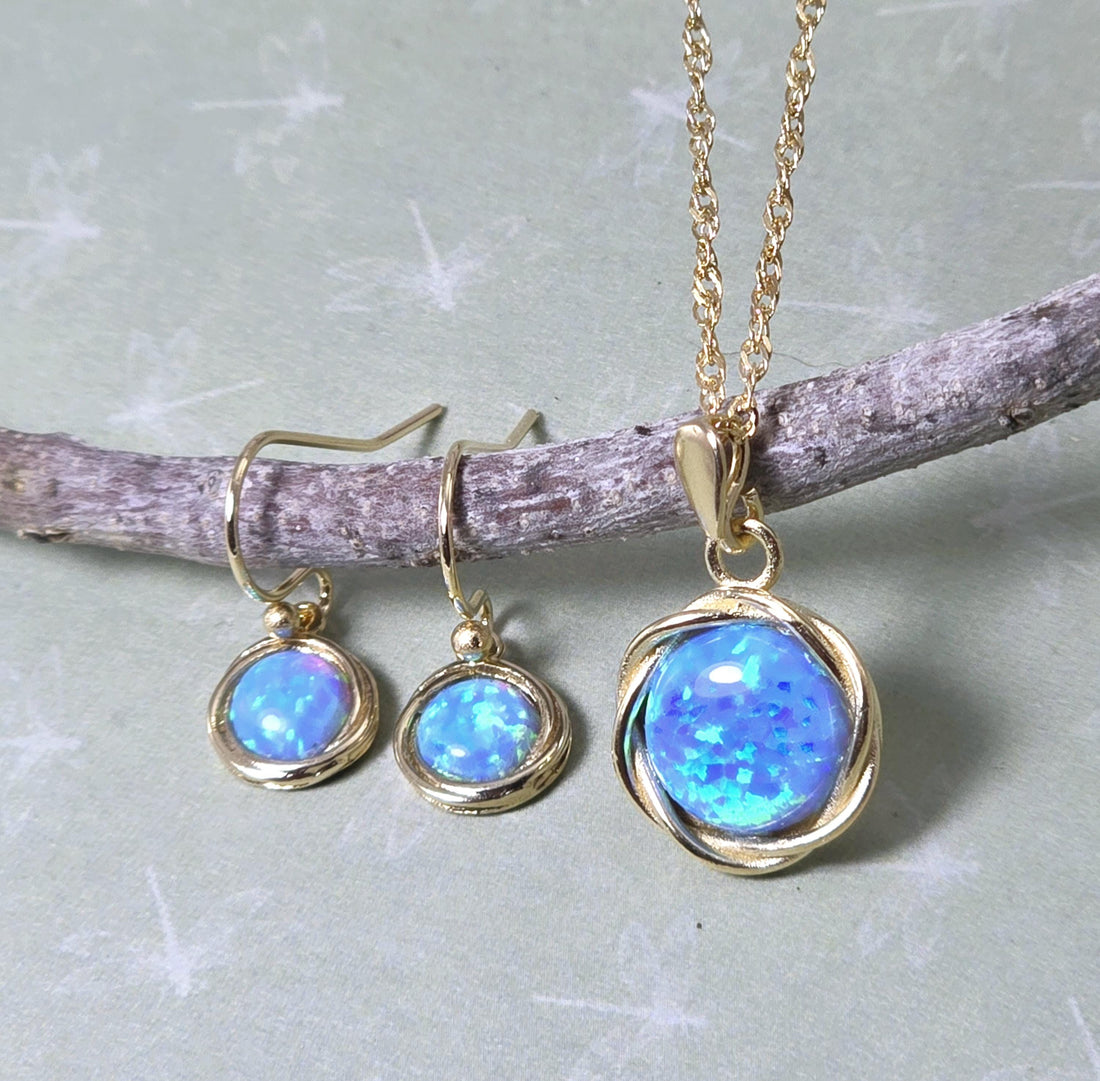 עגילי זהב כחולים תלויים ושרשרת תליון, סט תכשיטי אופל