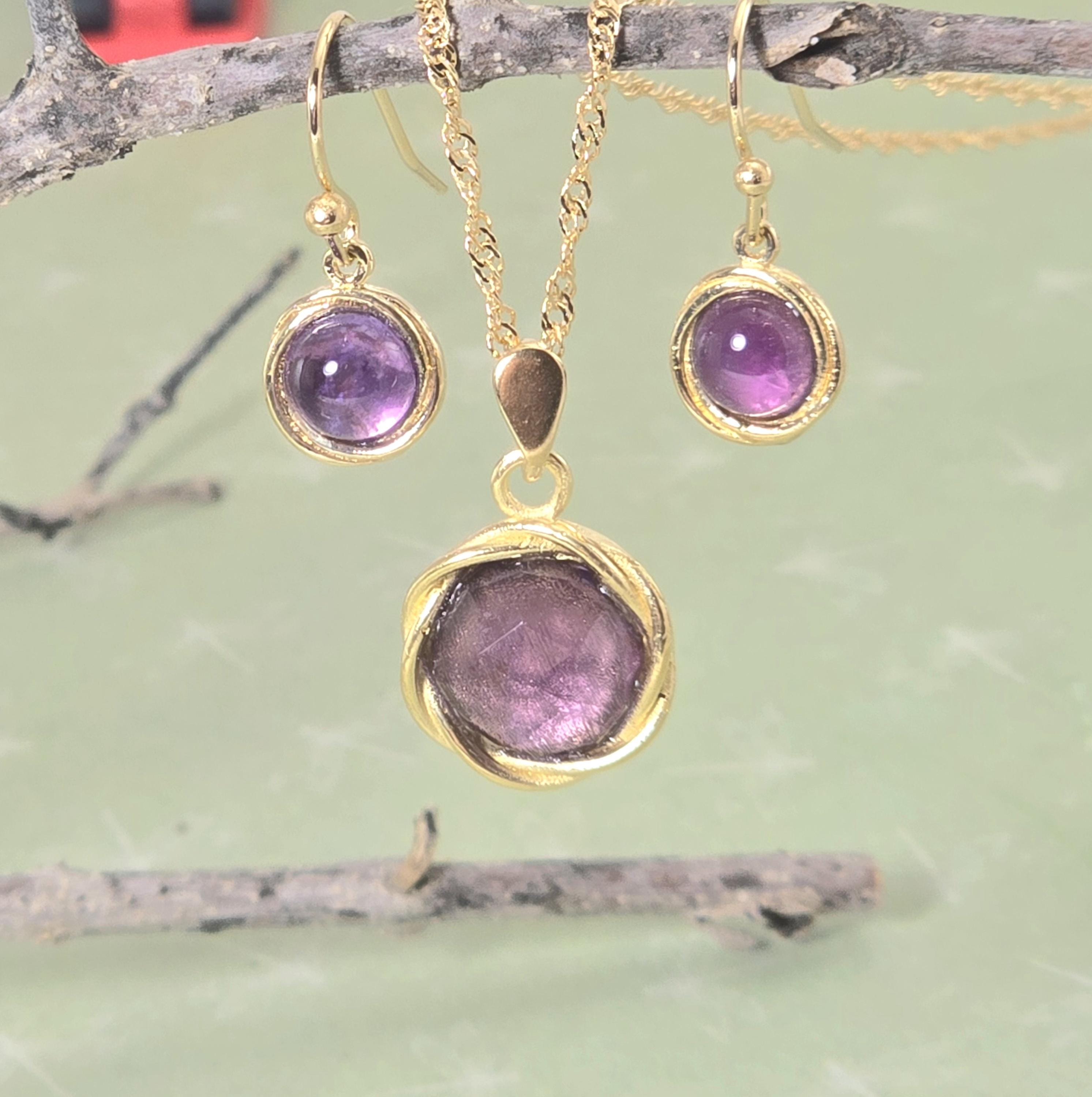 סט תכשיטי אמטיסט, עגילי זהב סגולים ותליון שרשרת