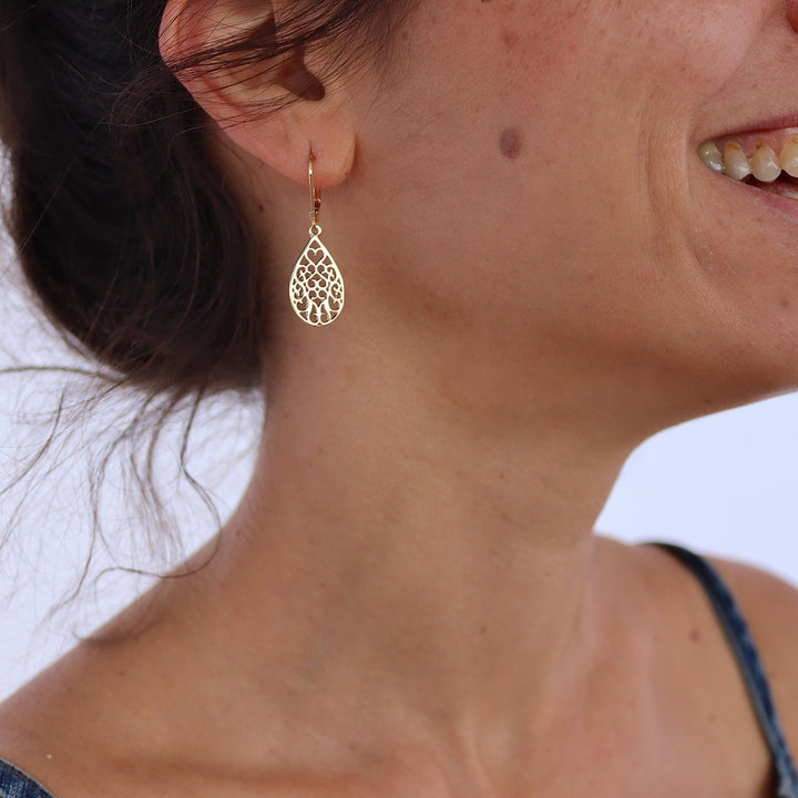 עגילי זהב 14 קראט מלאים, עגילי זהב פיליגרן טיפה