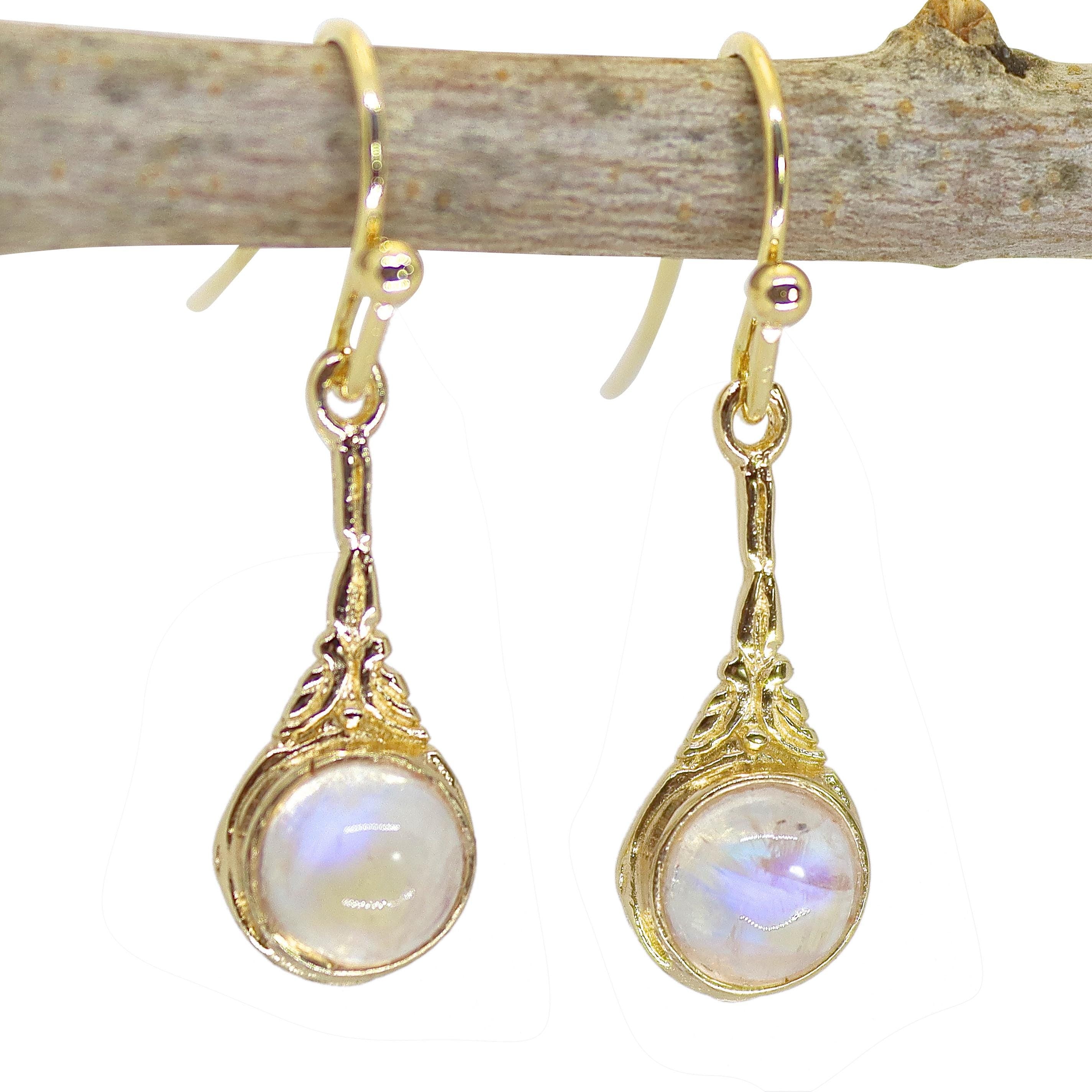 עגילי זהב 14 קראט מלאים משובצים באבן ירח